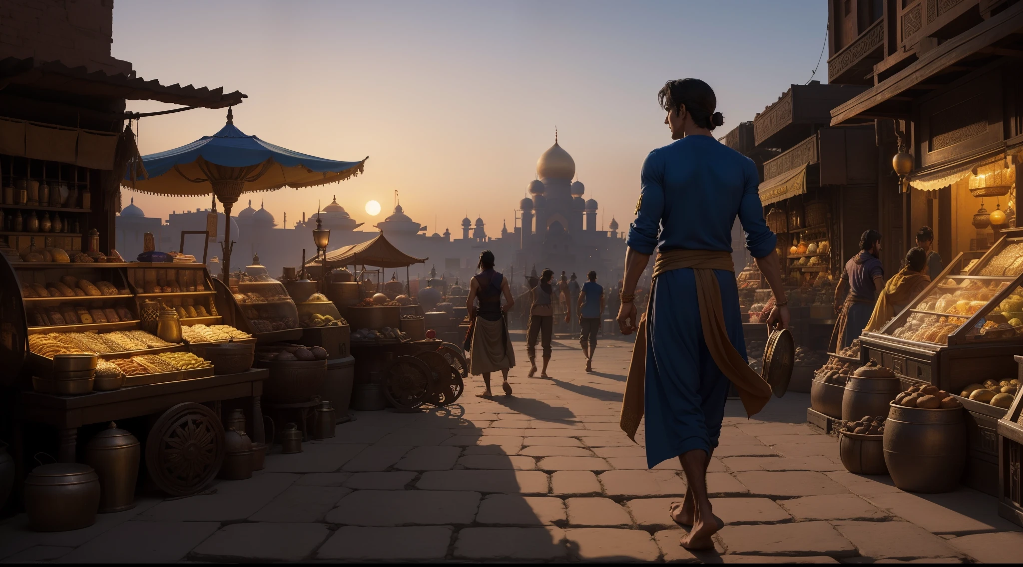 In the heart of the mystical city of Agrabah, where ancient wonders and enchanting tales weaved through labyrinthine streets, there resided a destitute young man named Aladdin. With scant resources and meager prospects, he honed his agility and cunning to survive, often resorting to stealing to sustain himself and his ailing mother. One fateful day, as the sun dipped beneath the horizon, casting elongated shadows over the bustling bazaar, an enigmatic stranger emerged from the throng of bustling crowd. Claiming to be the long-lost brother of Aladdin's deceased father, this sorcerer, with pier