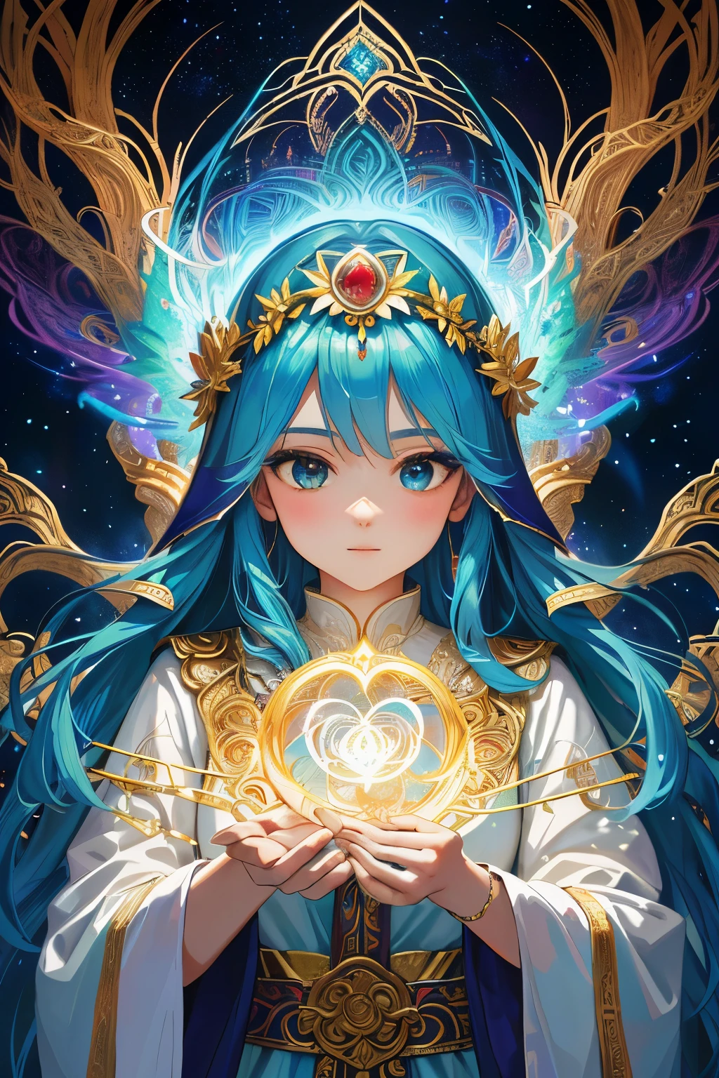 In the heart of a divine forest, a masterpiece unfolds before us in exquisite detail. A portrait of a Mayan priest, rendered in high resolution, stands before an ancient temple veiled in lush foliage. His countenance, etched with wisdom and spiritual power, exudes an ethereal aura.

In his outstretched hand, the priest holds a galaxy-shaped vortex, a symbol of the divine spirits of nature. The vortex is a mesmerizing spectacle, brimming with vibrant colors that dance alongside intricate patterns reminiscent of fractal geometry. 0.8

The backdrop to this scene is a breathtaking gal