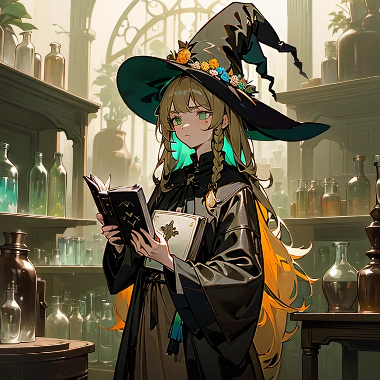 (A witch around 25 years old holding a thick leather bound book.:1.3)、 beige dress black cloak、dark brown long boots、green eyes、flaxen long braided hair、 troubled face、large sapphire brooch、sunroom、Chemistry Experiments、big pot、Many dried flowers hanging from the ceiling、(colors on the desk々Many medicine bottles of different colors:1.2)