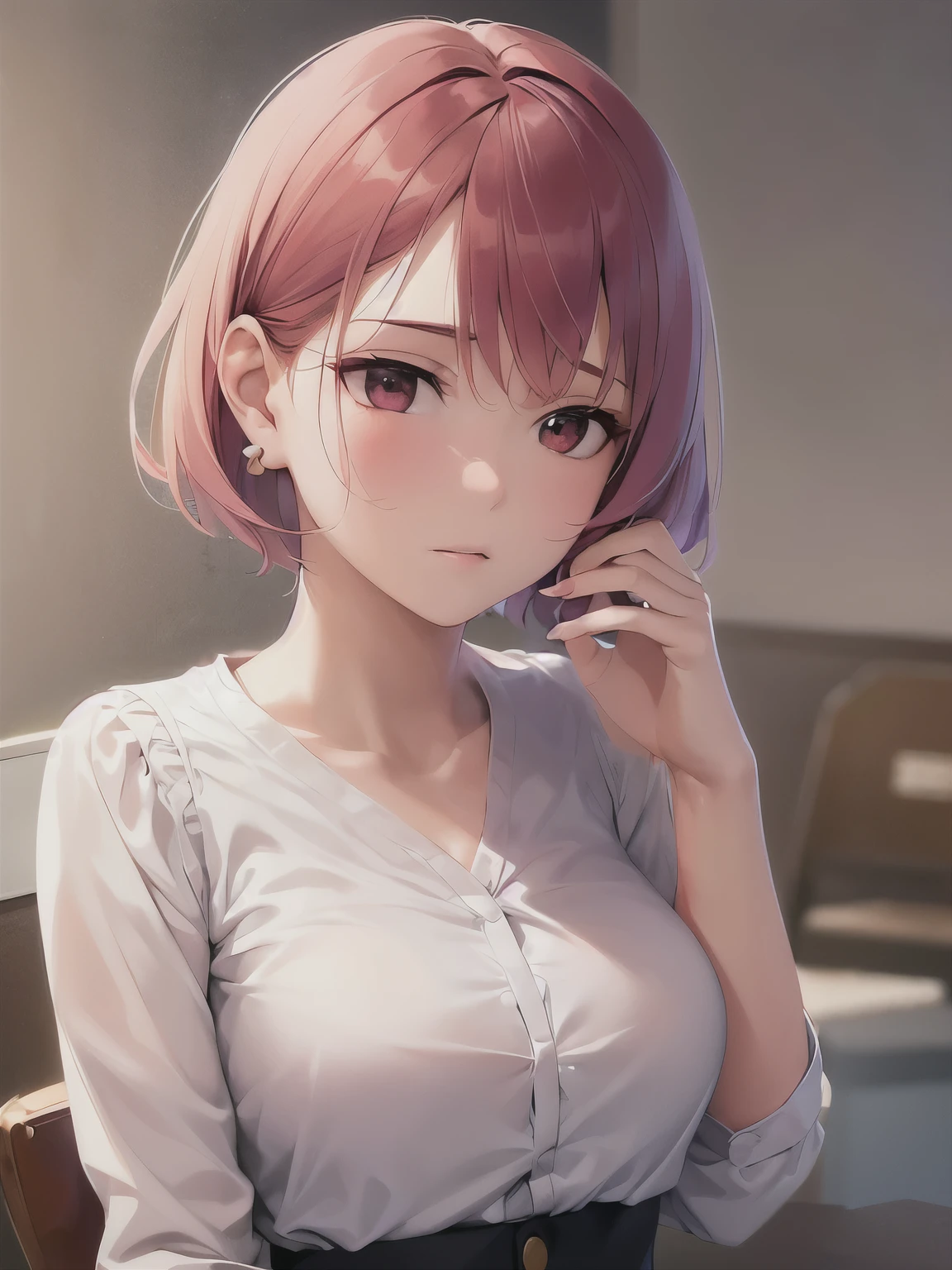wearing a white blouse、