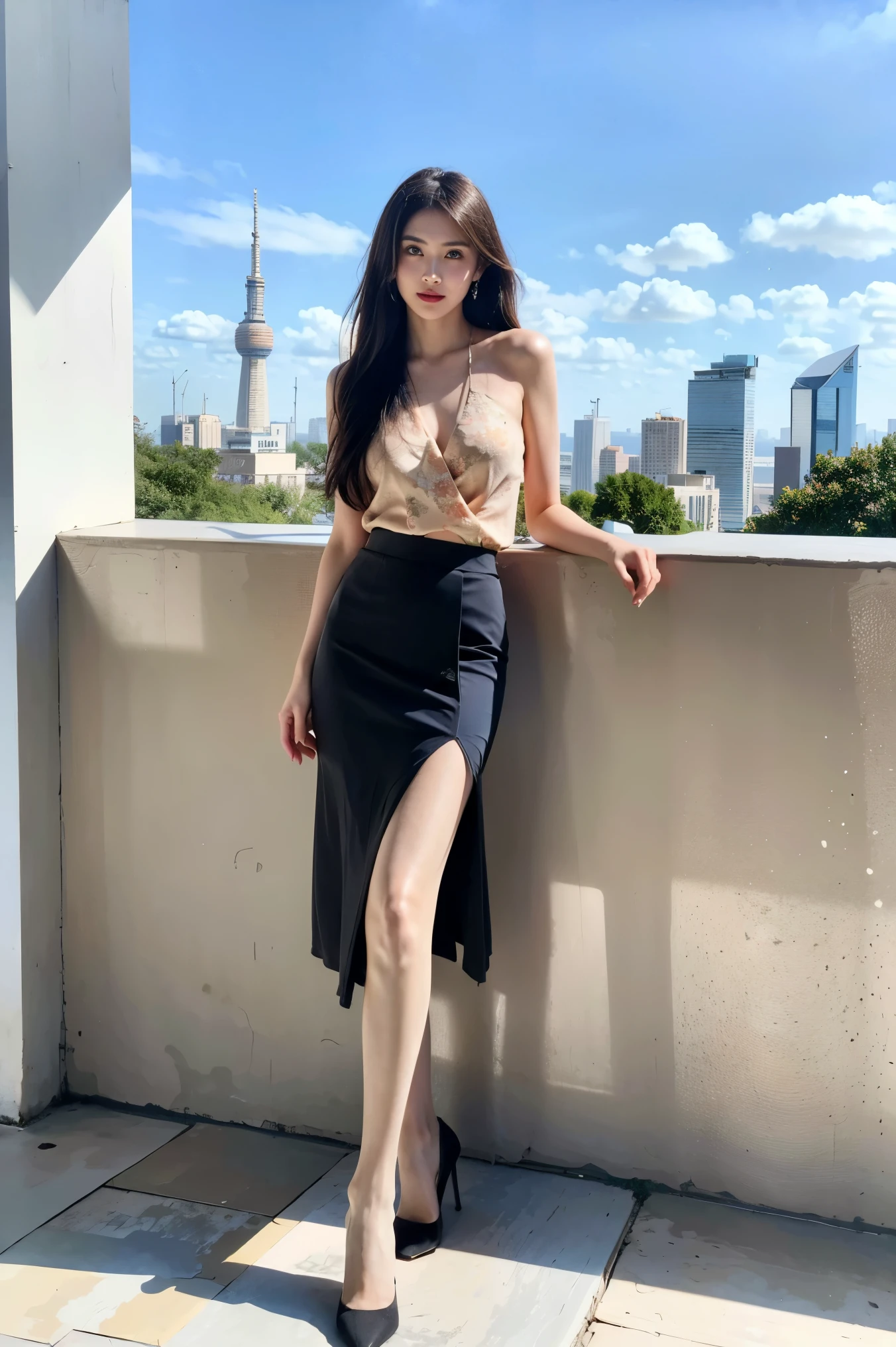 1 girl,31 years old,exquisite,Business womenswear,(shirt:1.1),(Floral wrap skirt:1.1),Accessories,jewelry,knitweadelity:1.3),quality,(masterpiece:1.2),(fidelity:1.2),(best quality),(Skin details:1.3),(intricate details),Ray tracing,photo,bathed in light and shadow,street with skyscrapers,On a bustling city street,film grain,Depth of field 100mm,full-body shot,skin tone,Bright black stiletto heels,Stand with your feet apart,Blue sky and white clouds,sunny