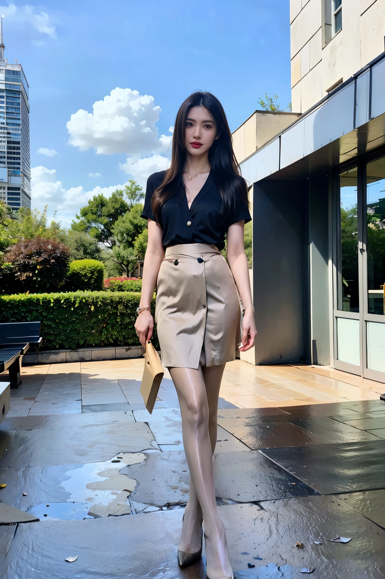 1 girl,31 years old,exquisite,Business womenswear,(shirt:1.1),(Floral wrap skirt:1.1),Accessories,jewelry,knitweadelity：1.3），quality，（masterpiece：1.2），（fidelity：1.2），（best quality），（Skin details：1.3），（intricate details），Ray tracing，photo，bathed in light and shadow，street with skyscrapers，On a bustling city street，film grain，Depth of field 100mm，full-body shot，skin tone，Bright black stiletto heels，Stand with your feet apart，Blue sky and white clouds，sunny