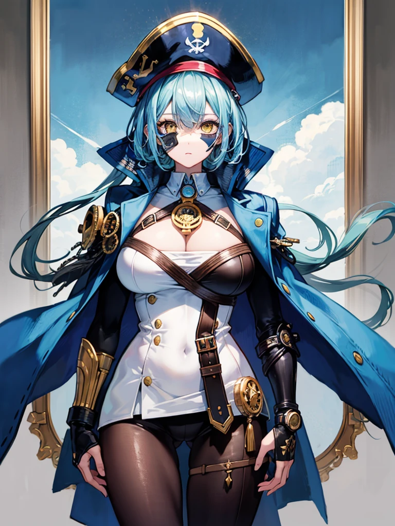 （（（masterpiece、Highest image quality、highest quality、highly detailed unity 8ｋwallpaper）））、（（Illustration of one girl、upper body））、（（（beautiful girl）））、（female pirate）、（Light light blue hair、short ponytail：1.2、yellow eyes）、（（（Right hand is a prosthetic hand、steampunk prosthetic arm）））、（（tall））、bulky figure, massive frame, thick neck, sturdy arms, powerful legs、（captain&#39;s suit、Pirate hat、Blue coat）、pier