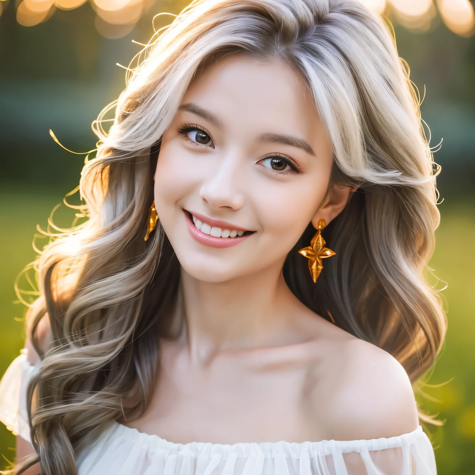 beautiful art, 1 portrait, High resolution, 1 girl,long gray wavy hair,White translucent off-the-shoulder dress, open shoulders, bare shoulders, Girl with a half turn, Smiling Girl 1.5, white dress,amber eyes,Upper body,waist up portrait, portrait of girl, white colored hair, illuminate,High resolution,8K,very detailed