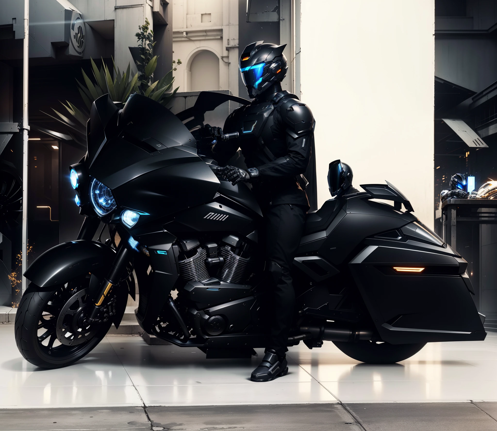 Handsome full body black mecha white short hair cyber handsome warrior, Black Cyber Mechanical Motorcycle, High-tech black full-face helmet, white short hair, Noor, biology, MSHN people, High-tech helmet, Surrealism, steel, complex design, Crazy details, Exquisite details, The lines are extremely clear, light, photorealism, detailed masterpiece