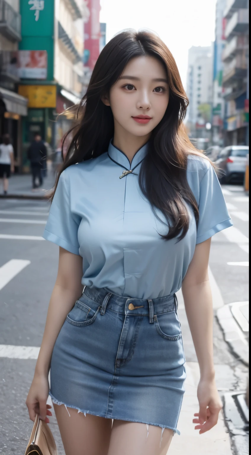 Foto hiperrealista en primer plano de Kim Ji-soo from Korea, masterpiece, best quality, (photorealistic:1.4), full body, Luxurious light blue Satin Cheongsam shirt, jeans pencil mini mini skirt, China Town, sunny day, cinematic light, beautiful woman, skinny, large big breasts, black long hair, detailed face, smile, facing the camera, photo taken from a distance, age of 25 years old