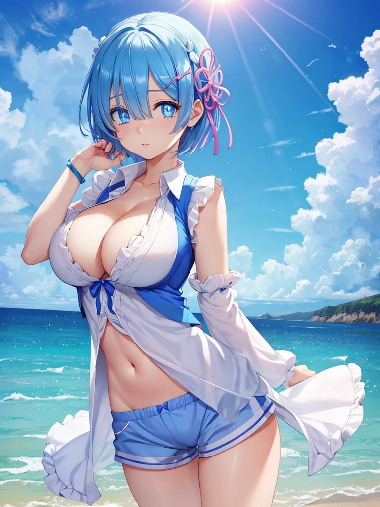 Rem, Re:zero, blue eyes, blue hair, short hair, (big breasts),
cleavage, shorts, panties, vest, Wristband, No sleeve, white shirt, shirt,
looking at viewer, Ocean, null,White cloud,sunshine,
(masterpiece:1.2), highest quality, High resolution, unity 8k wallpaper, (figure:0.8), (beautiful and fine eyes:1.6), highly detailed face, perfect lighting, Very detailed CG, (perfect hands, perfect anatomy),