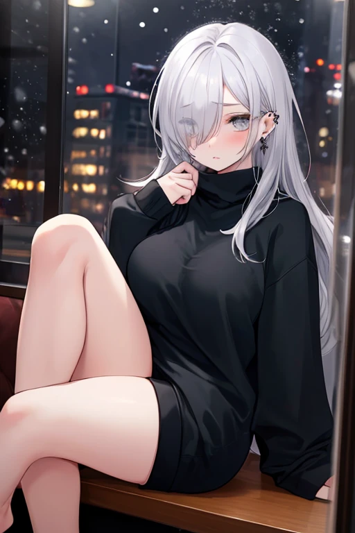 ((masterpiece:1.4, best quality:1.2)), 1girl, solo focus, beautiful skin, blush, big breasts, black sweatshirt, long white hair, grey eyes, sitting, earrings, Hands piercing, coffee shop window, night, snowing, cityscape, tall female, beautiful and delicate female, comfy ambience, {detailed background}, I'm not wearing panties, hair over one eye, shy, Not wearing underwear, sexy, naked, spread your leg