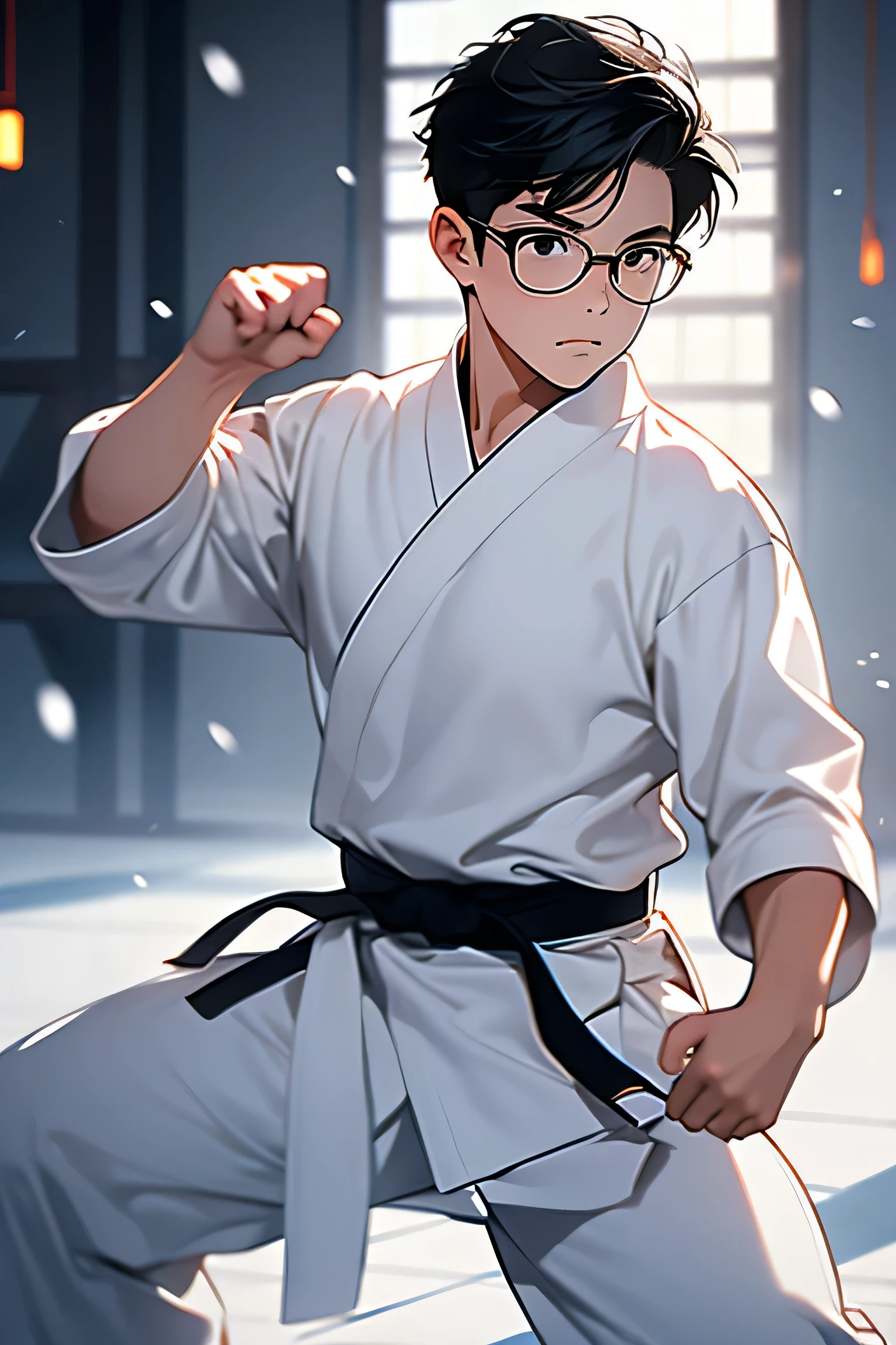 2 year old boy,short hair,black hair,Glasses,Plain clothing,Pure white karate uniform,white collar,Karate Stance,,Fighting Boy,martial arts,alone, 1 boy, looking at the viewer,indoor,daytime,white long sleeve,martial arts場,white pants,Pure white clothes,Black belt,action