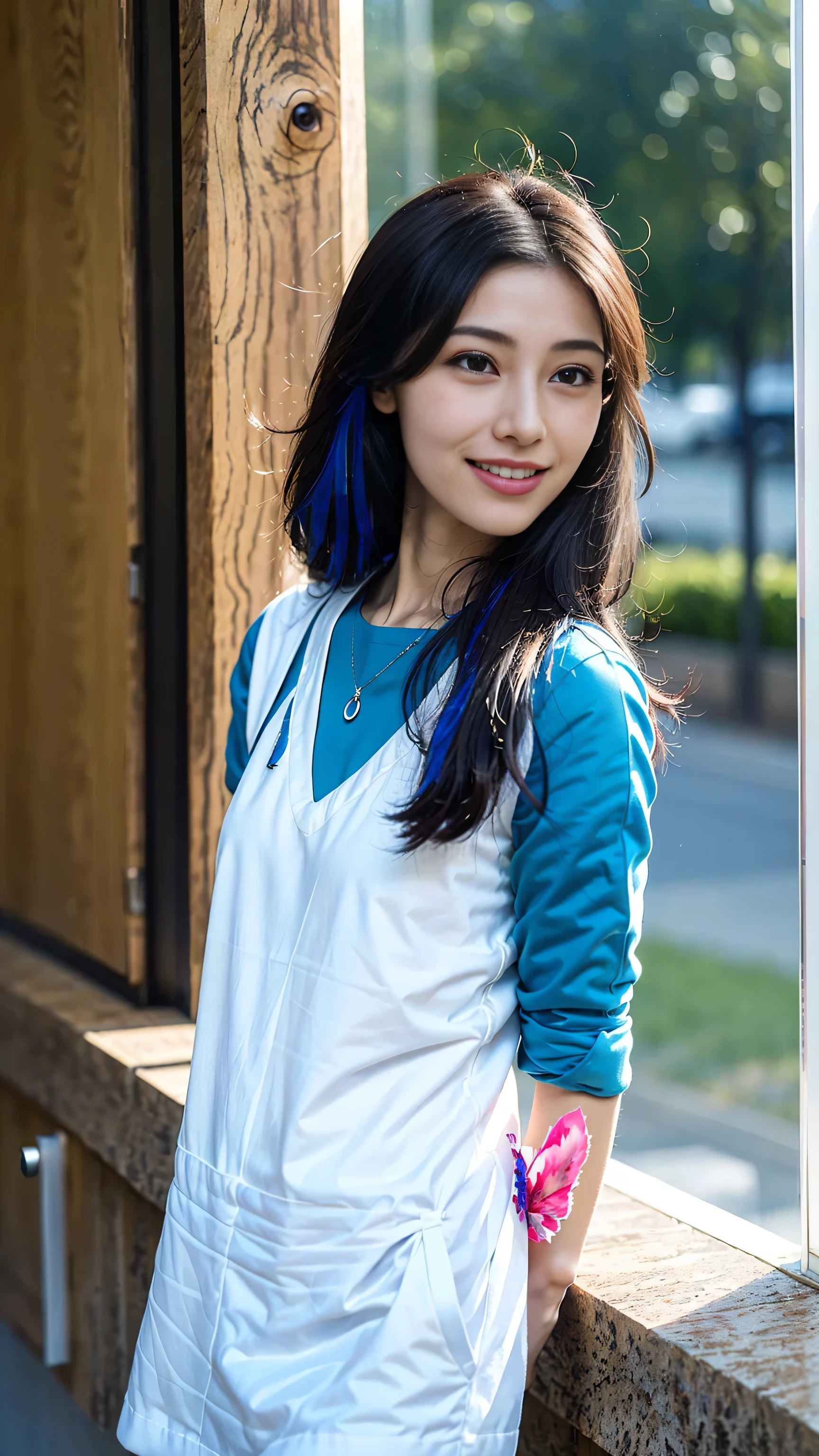 look at this and smile、Under the blue sky in midsummer、White casual clothes、best quality、​Masterpiece、real picture、intricate details、original photo、super detailed、delicate face、delicate skin、8K masterpiece、( (1 girl))、((alone) ))、18 years old、CG social trends、((long black hair))、((beautiful woman))、(a smile)、Top Teeth、fashionable、hair blowing in the wind、((flowing hair))、fashion magazine、((a sexy))、((like the same light)、((indirect lighting)、、(gender)、grinning、(looking from a distance)