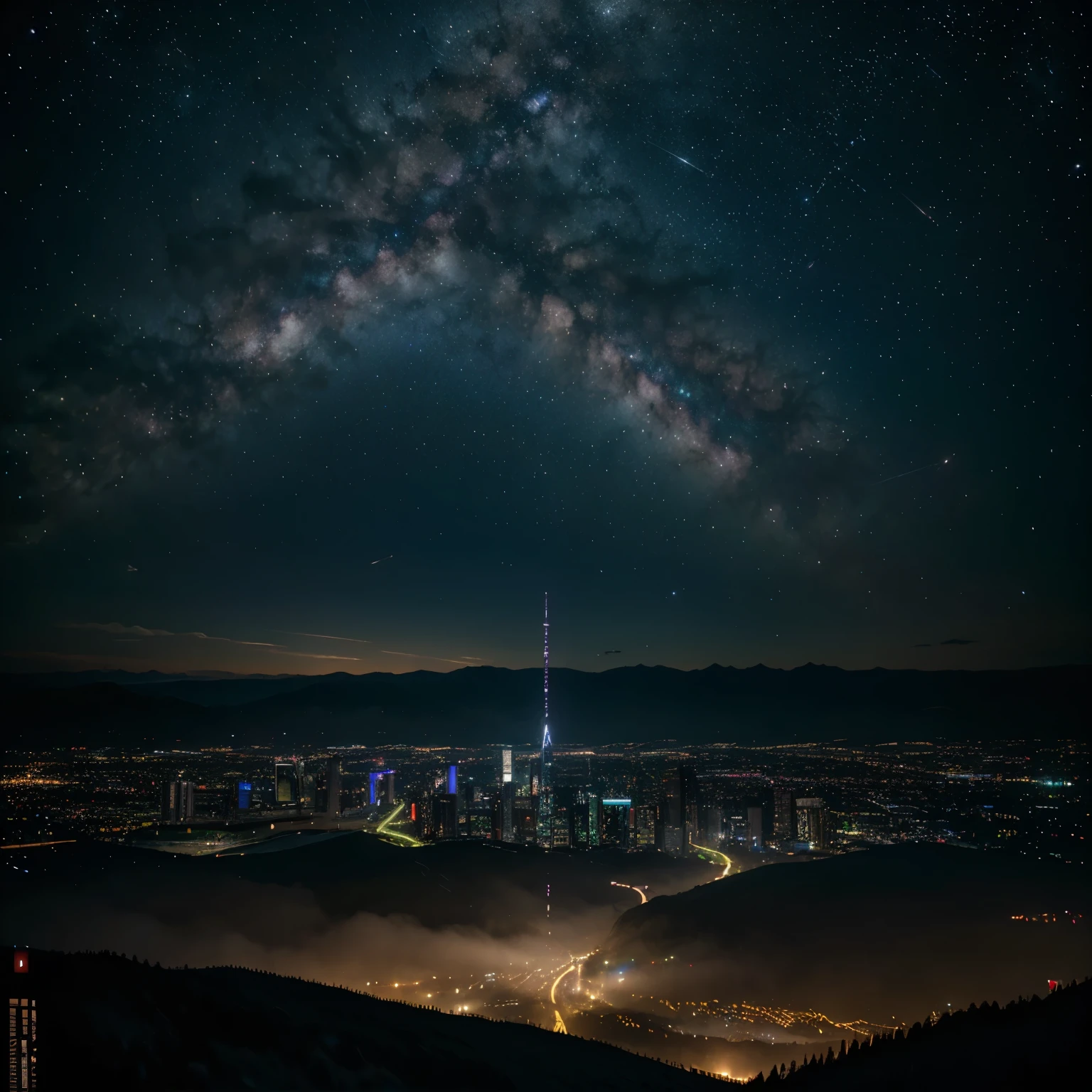 Cyberpunk city far away, meadow, sky fogus, midnight time, no one, tall mountain background, andromeda galaxy and milky way galaxy on the sky, 8k, masterpiece, high resolution, high details