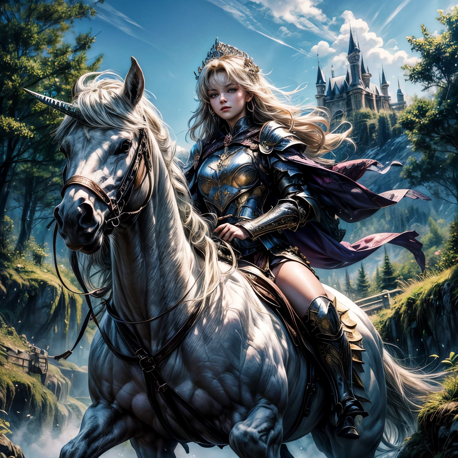 (Hyper-realistic), (illustratio), (A high resolution), (8K), (extremely higly detailed), (Most Best Illustration), (美丽细致的眼睛), (best qualtiy), (ultra - detailed), (tmasterpiece), ( the wallpaper), (详细的脸), 16 year old，A beautiful princess，Dressed in armor，Riding a white unicorn，（Castle forest in the background）