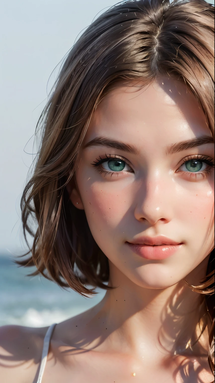 (((hyper-realistic, super detailed, portrait))).(((Caucasian 18 year-old woman))). Portrait of a young beautiful 22 year old woman, white skin, long natural vibrant wave red hair, natural green eyes, very beautiful. The somam is naked walking on a beach. (((perfect round iris, perfect round pupil, perfect lips, skinny body, small waist, real perfect skin texture))) .(((high quality, 8k Ultra HD))).