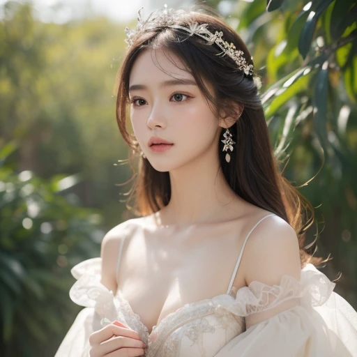 (​masterpiece, best quality:1.5), highest quality, High resolution, super detailed, Realists, Upper body photo of a brunette young magical girl, detailed and beautiful eyes, beautiful detailed lips, very detailed eyes and face, longeyelashes, white satin wedding dress, Holding a magic wand in your hand, Cast a transformation spell, With her magic wand she turns stones into honey, Glowing wands available,Beautiful and colorful makeup, elegant and noble々The jewelry bag, Gardens as background, soft daylight, bright colors, fine brushstrokes, Portrait style, Silk dress fabric, beautiful color palette, glowing skin, First-class rendering, that captures every detail, enchanting atmosphere, subtle shadows and lights, (perfect anatomy:1.2), (The stunning magical girl in a wedding dress turns stones into honey. (a transformation with the magic wand:1.4), (magnificent panorama view:1.2)