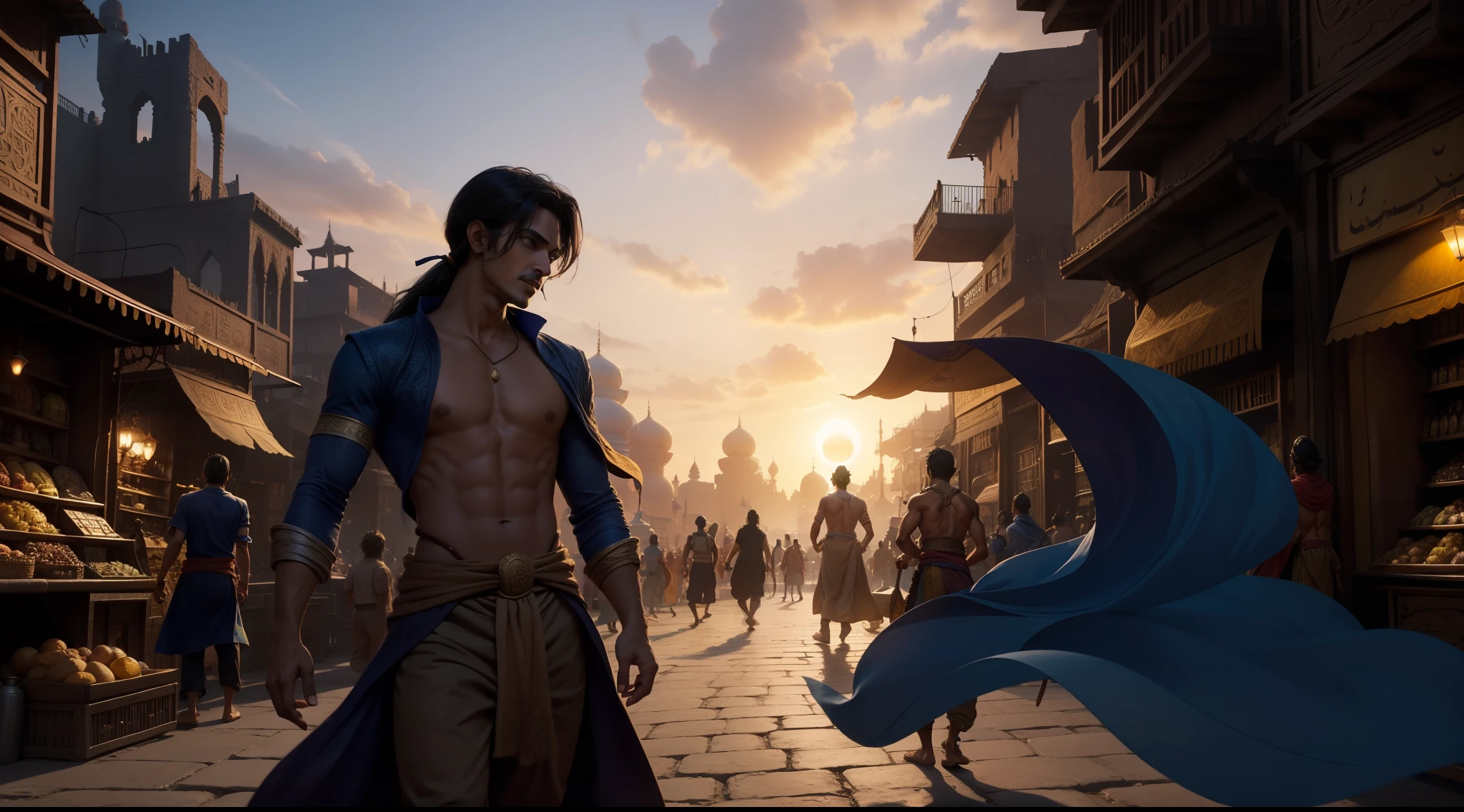 In the heart of the mystical city of Agrabah, where ancient wonders and enchanting tales weaved through labyrinthine streets, there resided a destitute young man named Aladdin. With scant resources and meager prospects, he honed his agility and cunning to survive, often resorting to stealing to sustain himself and his ailing mother. One fateful day, as the sun dipped beneath the horizon, casting elongated shadows over the bustling bazaar, an enigmatic stranger emerged from the throng of bustling crowd. Claiming to be the long-lost brother of Aladdin's deceased father, this sorcerer, with pier