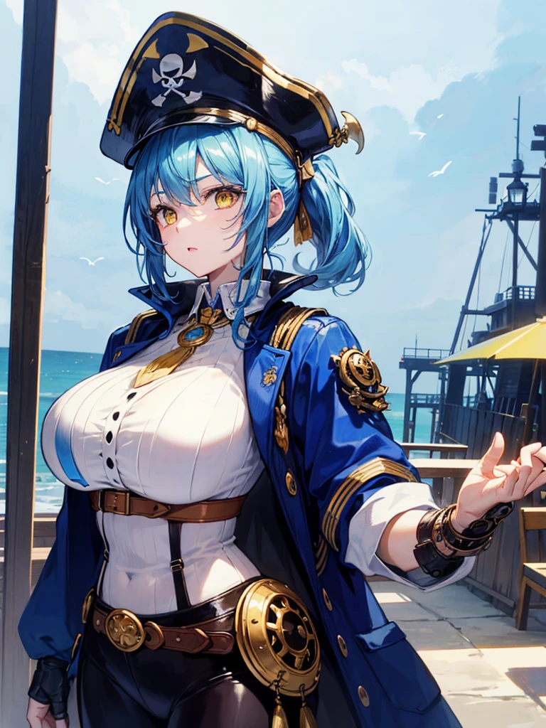 （（（masterpiece、Highest image quality、highest quality、highly detailed unity 8ｋwallpaper）））、（（Illustration of one girl、upper body））、（（（beautiful girl）））、（female pirate）、（Light light blue hair、short ponytail：1.2、yellow eyes）、（（（Right hand is a prosthetic hand、steampunk prosthetic arm）））、（（tall））、bulky figure, massive frame, thick neck, sturdy arms, powerful legs、（captain&#39;s suit、Pirate hat、Blue coat）、pier