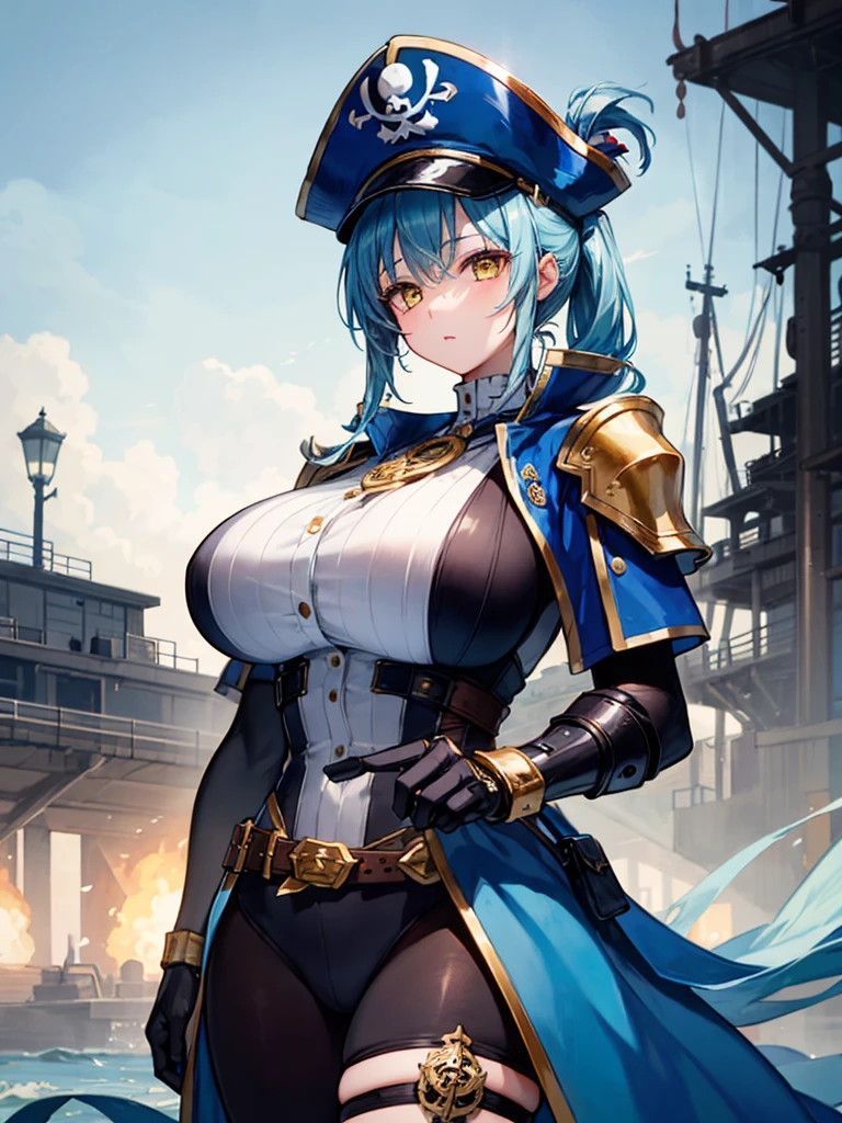 （（（masterpiece、Highest image quality、highest quality、highly detailed unity 8ｋwallpaper）））、（（Illustration of one girl、upper body））、（（（beautiful girl）））、（female pirate）、（Light light blue hair、short ponytail：1.2、yellow eyes）、（（（Right hand is a prosthetic hand、steampunk prosthetic arm）））、（（tall））、bulky figure, massive frame, thick neck, sturdy arms, powerful legs、（captain&#39;s suit、Pirate hat、Blue coat）、pier