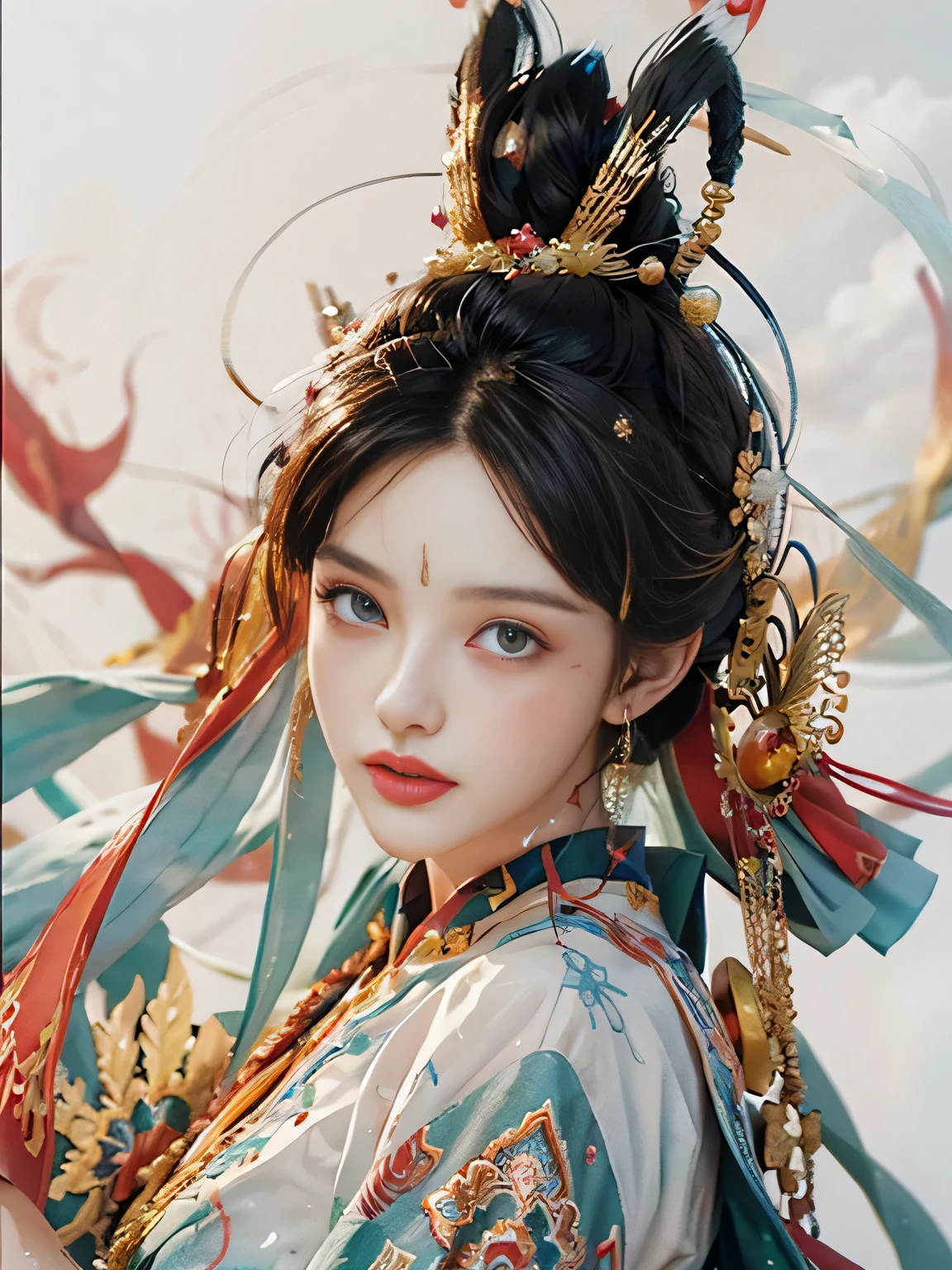 (((White cloud background))), (((high saturation))), ((Surrounded by brilliant colors)))) super detailed, Beautiful and beautiful, masterpiece, best quality, (Zentangle, mandala, tangled, twist), (fractal art: 1.3), 1 girl, Very detailed, dynamic angle, cowboy shooting, Chaos in its most beautiful form, elegant, brutalist design, bright colors, , Michal Malaz, Adrian Ghenny, Petra Courtright, Atmospheric, ecstatic notes, Mobile phone notes are visible
