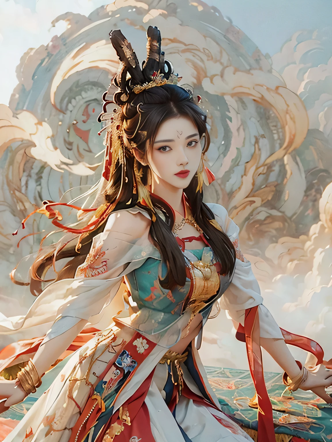 (((White cloud background))), (((high saturation))), ((Surrounded by brilliant colors)))) super detailed, Beautiful and beautiful, masterpiece, best quality, (Zentangle, mandala, tangled, twist), (fractal art: 1.3), 1 girl, Very detailed, dynamic angle, cowboy shooting, Chaos in its most beautiful form, elegant, brutalist design, bright colors, , Michal Malaz, Adrian Ghenny, Petra Courtright, Atmospheric, ecstatic notes, Mobile phone notes are visible