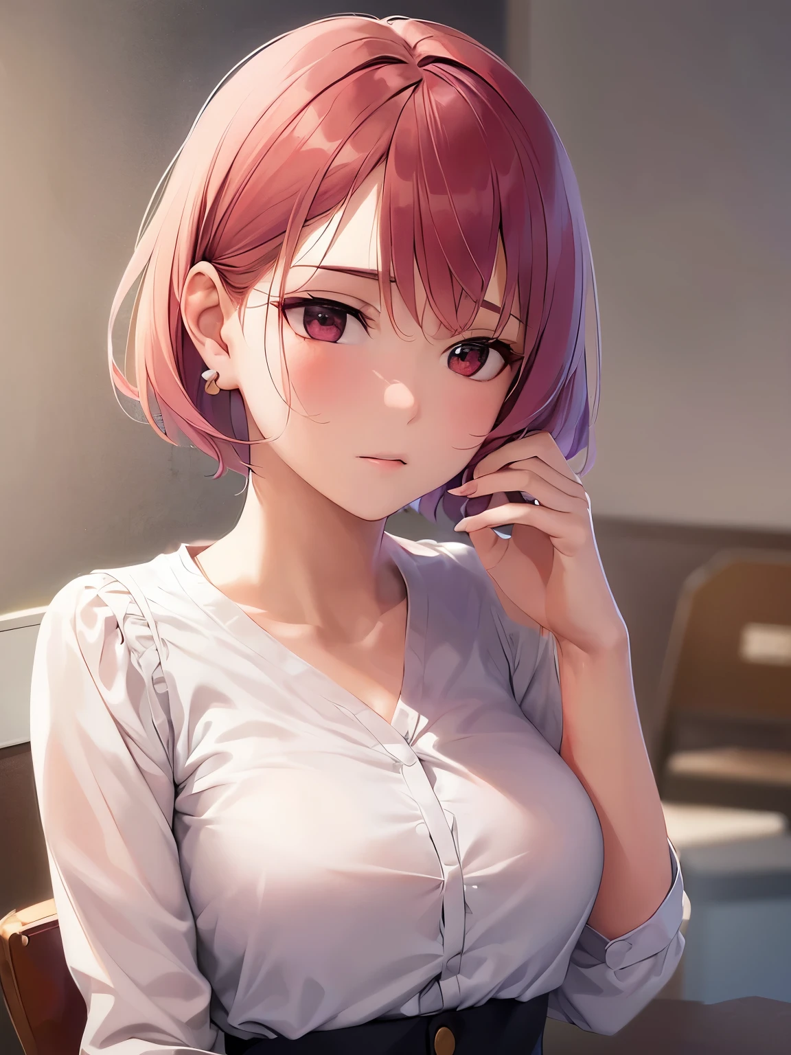 wearing a white blouse、