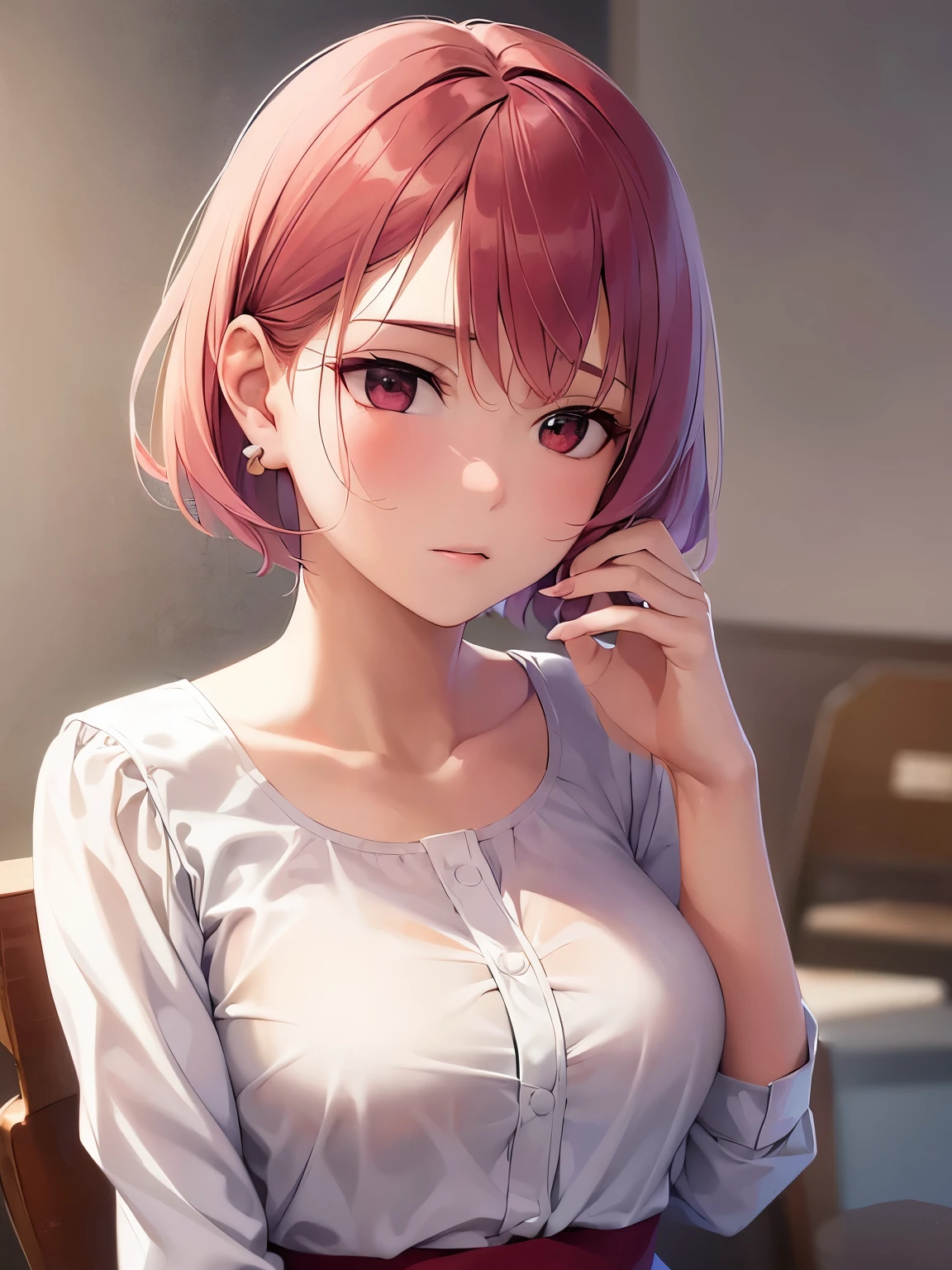 wearing a white blouse、