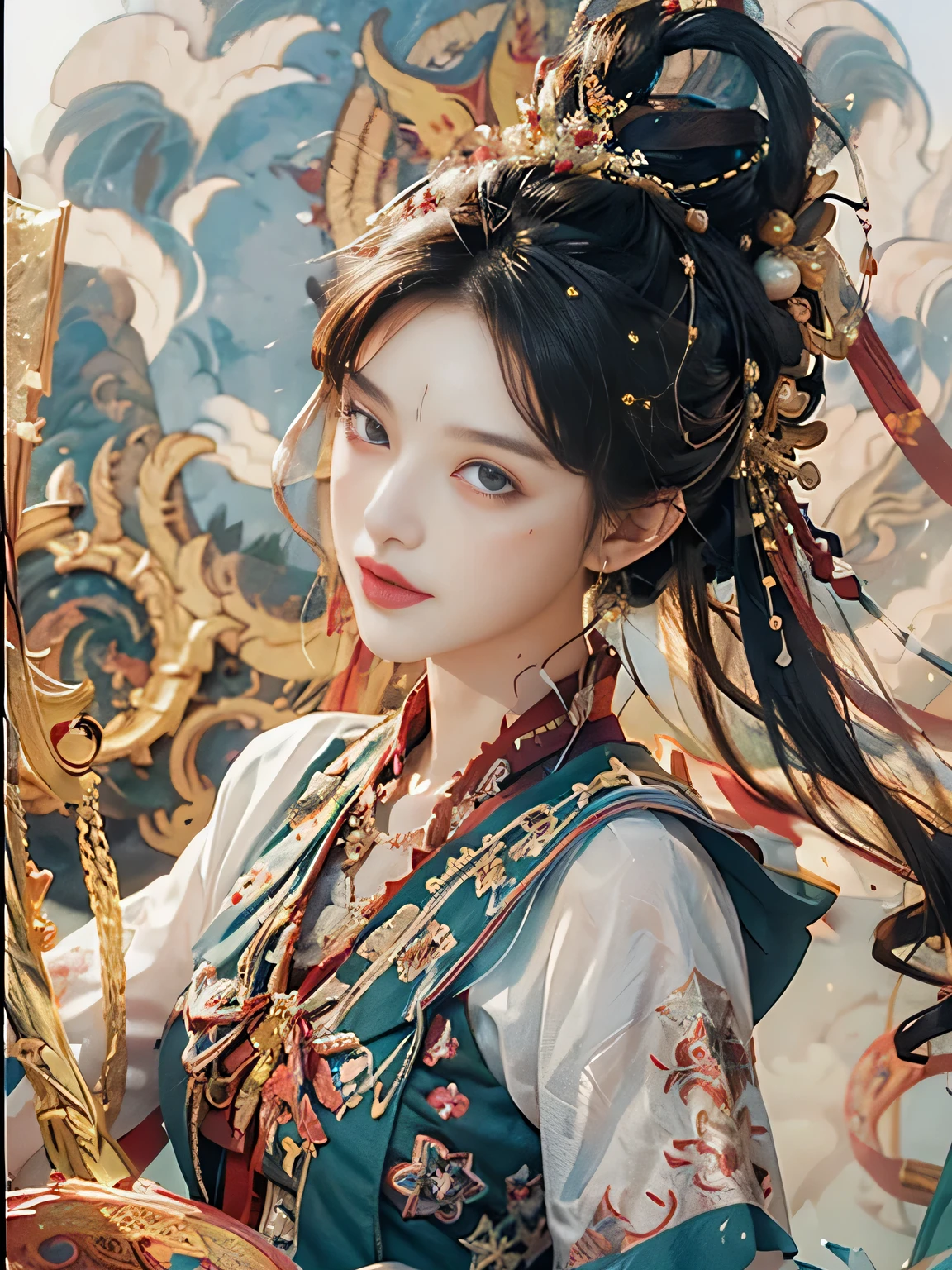 (((White cloud background))), (((high saturation))), ((Surrounded by brilliant colors)))) super detailed, Beautiful and beautiful, masterpiece, best quality, (Zentangle, mandala, tangled, twist), (fractal art: 1.3), 1 girl, Very detailed, dynamic angle, cowboy shooting, Chaos in its most beautiful form, elegant, brutalist design, bright colors, , Michal Malaz, Adrian Ghenny, Petra Courtright, Atmospheric, ecstatic notes, Mobile phone notes are visible