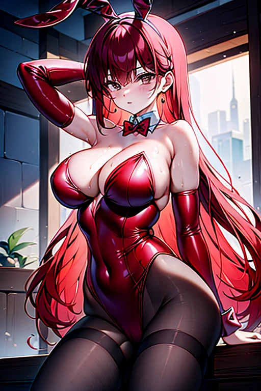 mujer madura, Ranma, red hair, Hairstyle cola de caballo, bunny suit, pechos gigantes,( pezones marcados en el bunny suit), labios, Cara traviesa, dark brown eyes, ruborizada ,ciudad medieval, Nube, muscle, ABS, cansada, sudorosa, grueso, standing, piernas abiertas, arms up, ( wet). En un cuarto