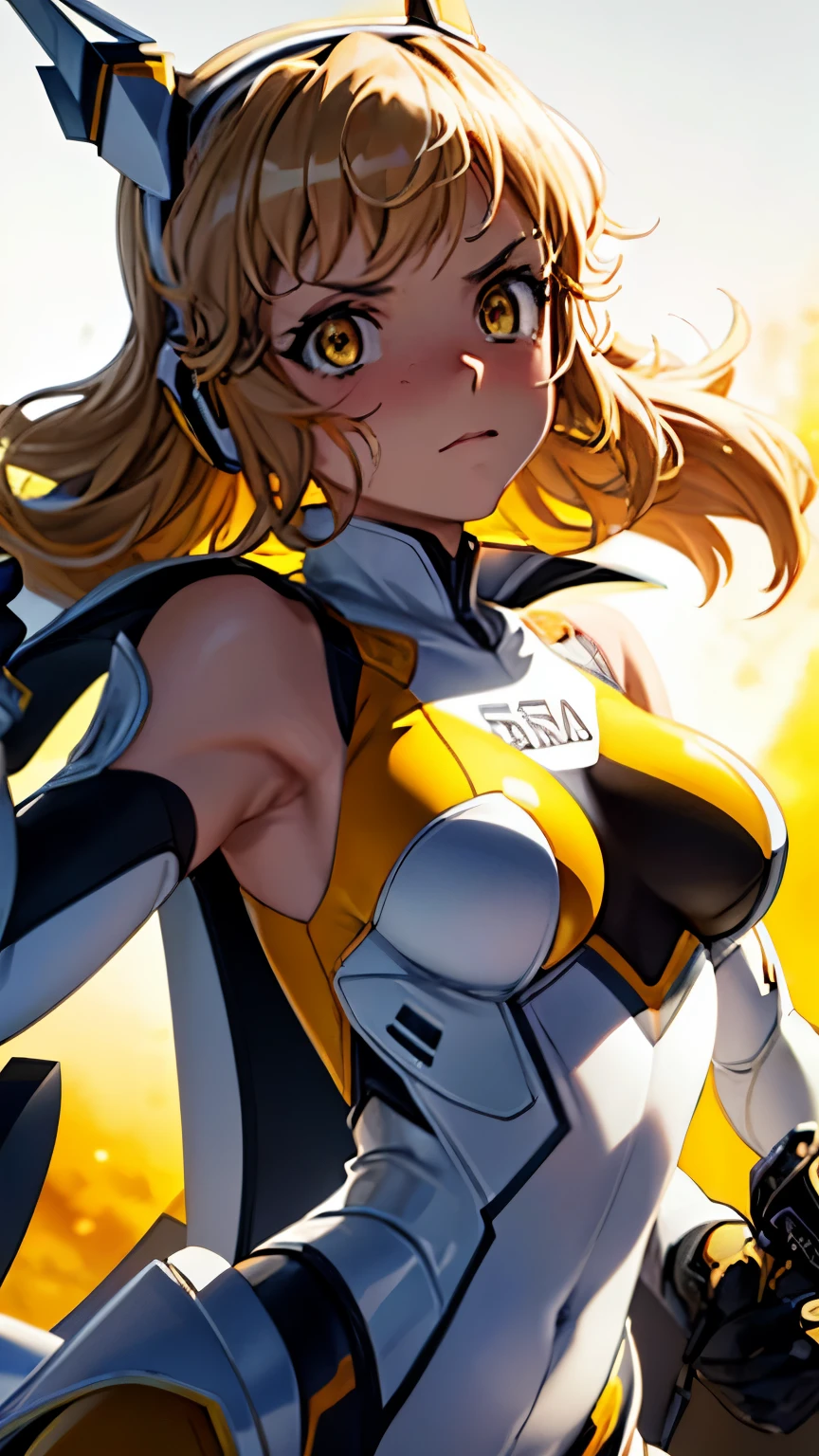 (masterpiece, best quality, ultra-detailed, highres, illustration:0.8), (upper body:1.3), extremely detailed wallpaper, official art, amazing, high detail, ultra-detailed, extremely detailed 8k wallpaper, wide shot, bright yellow hair, yellow eyes with slit pupils, (white background:1.3), (1girl, solo),(bright blue bodysuit),sexy,perfect anatomy,beautiful face, Make eye contact with the camera,nose blush,