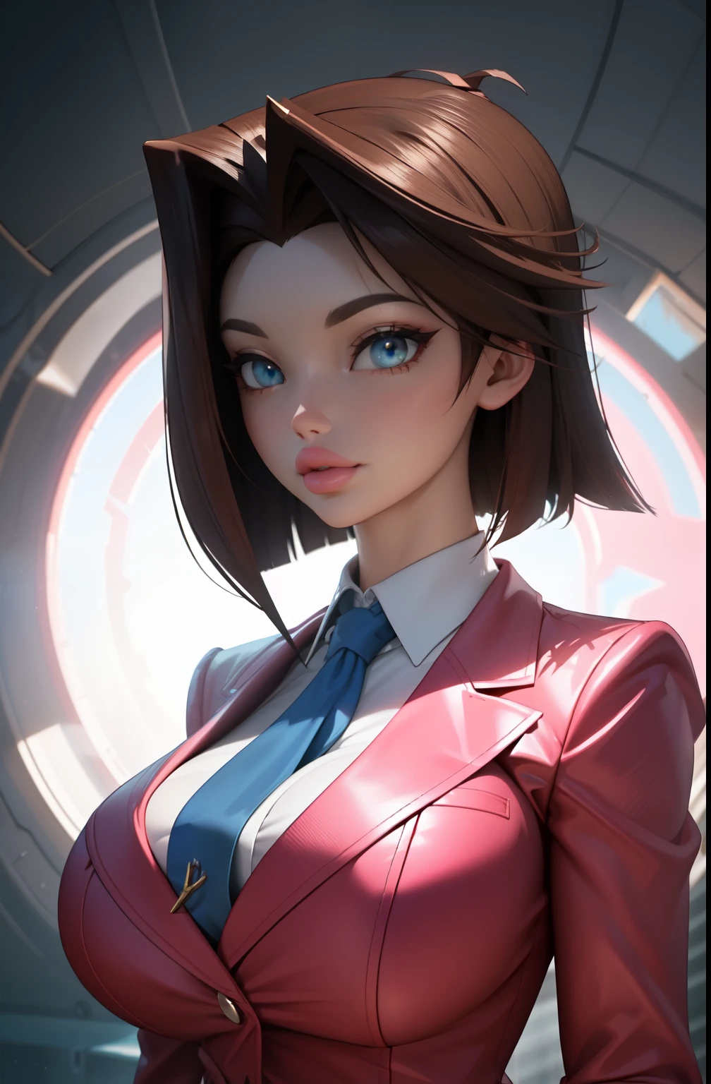 Highest quality,The perfect masterpiece,Perfect artwork,8K,
(Upper body portrait:1.5),(gigantic breasts:1.3),Delicate face, lens, slendered abs, ((tea Gardner)), ((anzu)), Yugioh,
((Aletta ocean face)), blue ribbon on collar, (pink blazer), (brunette), (short bobcut), Beauty and dragon,water light reflection,pearl illusion,candy color,Cyberpunk,fashion trend,3s material,high-definition,detail representation,3D,c4d,3D,octane rendering,ray tracing,complex details,animated lighting,C4d,OCrenderer,8k,best quality,