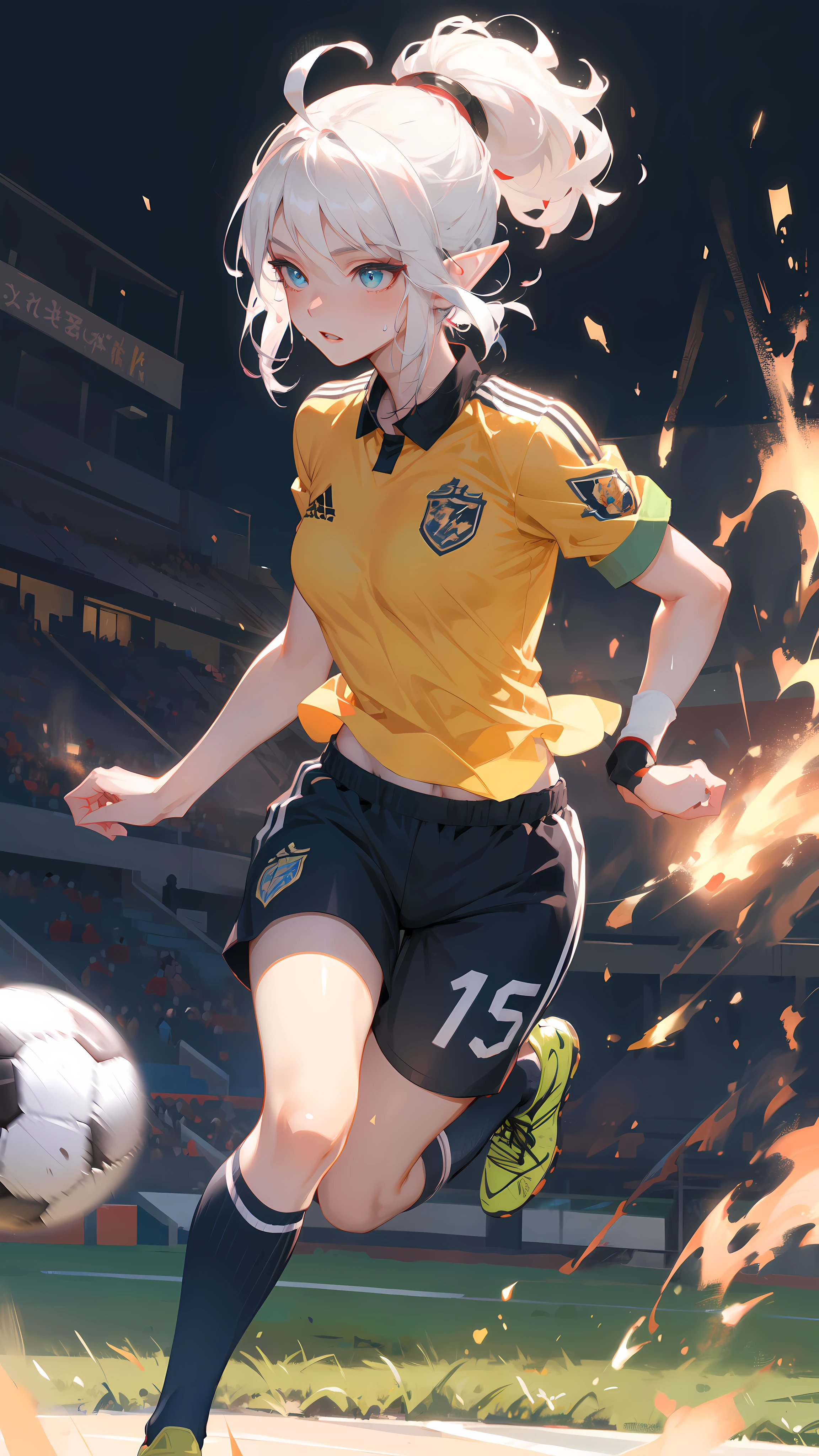 ((masterpiece)), (top quality), (best quality), ((ultra-detailed, 8k quality)), Aesthetics, Cinematic lighting, spotlight, (detailed line art), absurdres, (best composition), (high-resolution), (depth of field:1.2), 
BREAK,
portrait of beautiful soccer captain ((elf girl)), detailed skin and lips, sweat, full body, playing soccer, (Dribbling)soccer ball, on his foot's, ((wearing soccer uniforms, Short pants:1.2)), logo print blue soccer uniform, use a ((captain's armband)) in right Hand, ((bouncing chest:1.3)), running, atmospheric perspective, cinematic dramatic atmosphere, 
BREAK, 
soccer field, ((green fields)), audience, spectators, 
BREAK,
highly detailed of (elf), (1girl), solo, perfect face, details eye, ahoge, ponytail, white shining hair, (forehead), medium hair, [[floating hair]], blue eyes, shining eyes, (beautiful detailed eyelashes, eyeshadow, pink eyeshadow), smile, Concept art by Mikimoto Haruhiko, by Kawacy, By Yoshitaka Amano,
BREAK, 
((perfect ???????)), (perfect body), Abs, (medium breast), perfect hands, perfect face, beautiful face, beautiful eyes, perfect eyes, (perfect fingers, deatailed fingers), correct ???????, perfect legs, skinny, perfect ball, Detailed ball,