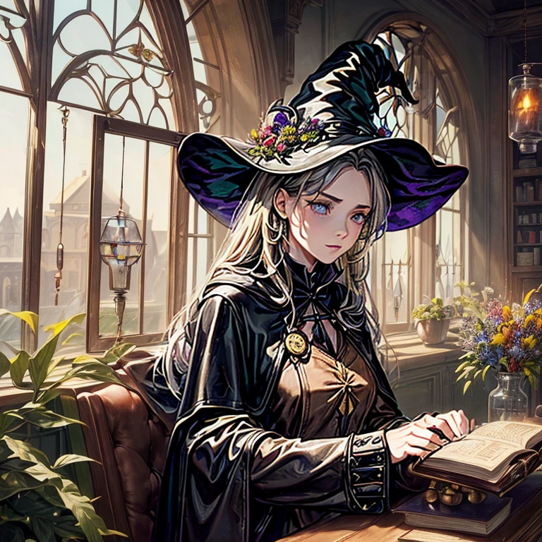 (A witch around 25 years old holding a thick leather bound book.:1.3)、 beige dress black cloak、dark brown long boots、green eyes、flaxen long braided hair、 troubled face、large sapphire brooch、sunroom、Chemistry Experiments、big pot、Many dried flowers hanging from the ceiling、(colors on the desk々Many medicine bottles of different colors:1.2)