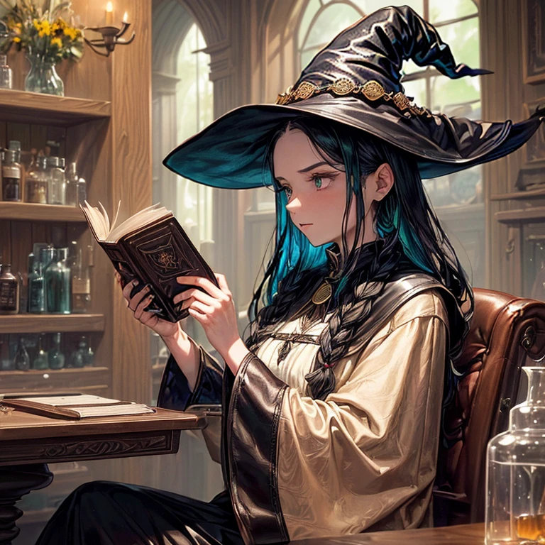 (A witch around 25 years old holding a thick leather bound book.:1.3)、 beige dress black cloak、dark brown long boots、green eyes、flaxen long braided hair、 troubled face、large sapphire brooch、sunroom、Chemistry Experiments、big pot、Many dried flowers hanging from the ceiling、(colors on the desk々Many medicine bottles of different colors:1.2)