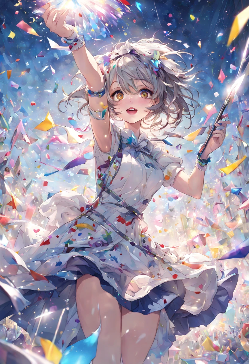 1girl, llumination metallic gratescape fantasy land adorable darling dancing harlequin throwing confetti in a confetti filled parade with mesmerizing hazel eyes, showered in confetti branded welding, ultradetailed, fine-tuned realism, eccentric glass, astrophotography, IMAX