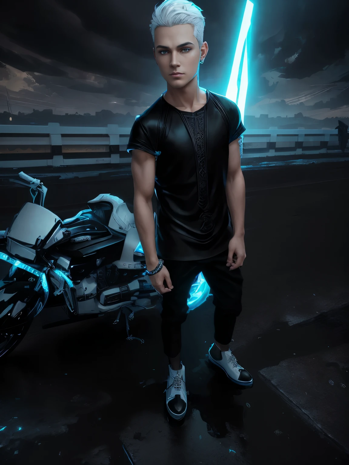 Male cyberpunk, fantasy world, dark background, clean design, epic instagram, artstation, colorful ink splashes, silhouette, hyper detailed intricate details, unreal engine, fantasy, intricate details, home screen, complementary colors, fantasy concept art, 8k resolution, deviantart masterpiece, oil painting, heavy strokes, ink drips, (isolated on white background: 1.3), rainbow skin, (((cute young man))),  ((teen: 1.5) ), (bright blue eyes), (((clear eyes)), ((((short white hair: 1.1)))), ((black clothes)), (prince\\(indifferent expression\\),, (((Wears luxurious black tunic with high details)))), white hair, ice magic, ((chest), story in 3d anime format, 4k, realism  --v 6 