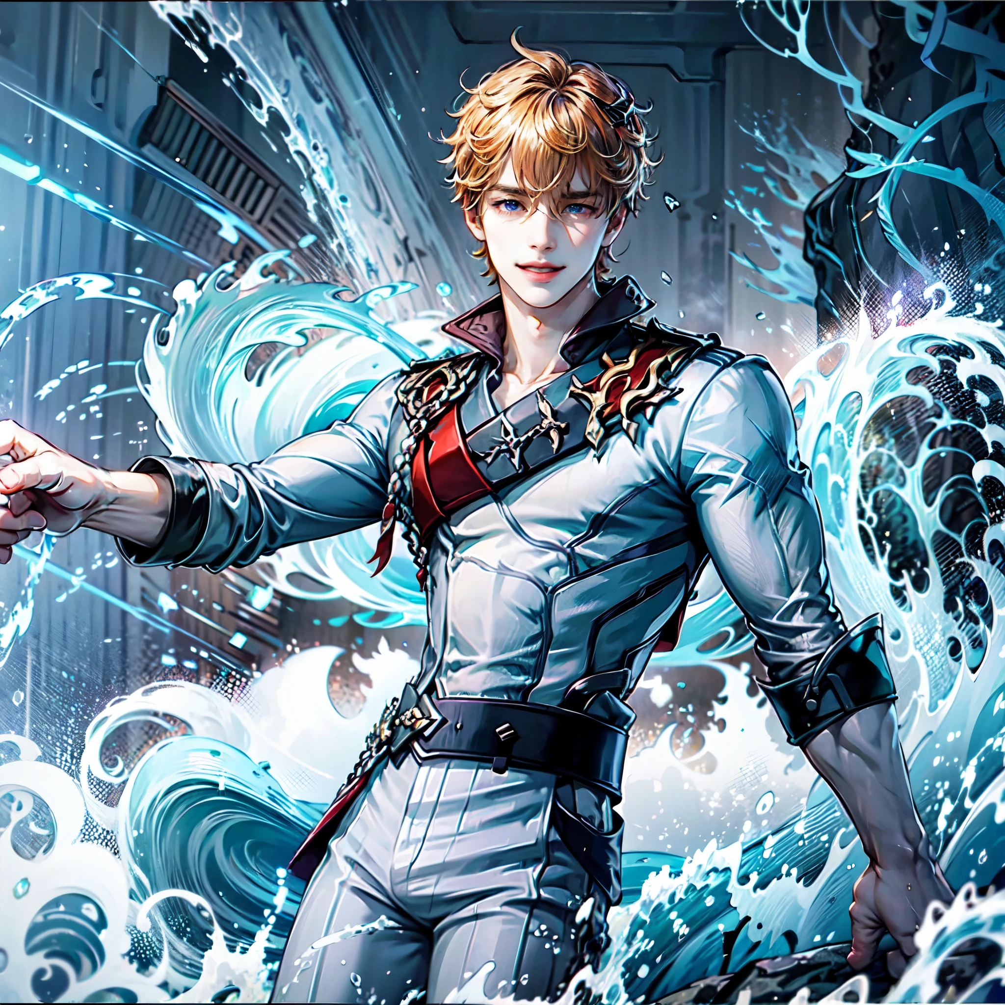 confident smile, hydrokinetic powers, tidal wave, intense battle, stormy sea, water splashes, dynamic pose, dramatic lighting, seashells, sparkling droplets, art nouveau style, vibrant colors, ethereal atmosphere, flowing movements, choker, tartaglia,1boy,solo,male focus,orange hair,hair between eyes,blue eyes, topless, black belt, gray pants