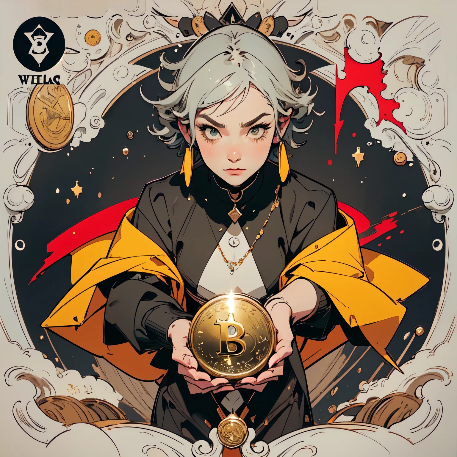01_Masterpiece. High image quality. A mature man demonstrates a rare coin, a professional jeweler-appraiser. He holds a coin in his hand and demonstrates its face value to the viewer. A man is a jeweler, from the modern world of blockchain, in his hand, he has a high-denomination crypto coin etherium. A man with gray hair, short-cropped curly hair, and a neatly trimmed beard. Elegant, businesslike, medium build. intellectual. A smart face and light wrinkles emphasize the wisdom of the years lived, a pince-nez on the eye. 02_ Comic-style image, graphics, clean linear drawing, clear strokes, contrasting chiaroscuro, color shading, balanced warm colors.
  03_ High image quality, 4K | Ultra HD | Full HD, cinematic comic book, 3D _in comic style - linear stroke, color fill, high-quality stroke - a masterpiece, TOP computer graphics ART. 8K, dark lighting, strong shadow. (vivid, anime, comic, creative, sharp focus, 8K). High detail of the drawing, linear, high-quality background (shades of cool tones, red, yellow warm highlights, side lighting), cyberpunk and futurism, art deco. Film grains, dust, and pa
