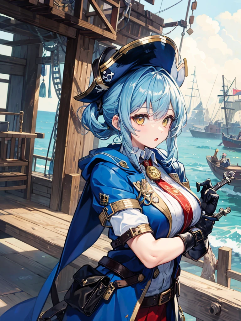 （（（masterpiece、Highest image quality、highest quality、highly detailed unity 8ｋwallpaper）））、（（Illustration of one girl、upper body））、（（（beautiful girl）））、（female pirate）、（Light light blue hair、short ponytail：1.2、yellow eyes）、（（（Right hand is a prosthetic hand、steampunk prosthetic arm）））、（（tall））、bulky figure, massive frame, thick neck, sturdy arms, powerful legs、（captain&#39;s suit、Pirate hat、Blue coat）、pier