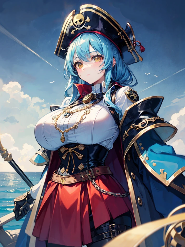(((masterpiece、Highest image quality、highest quality、highly detailed unity 8kwallpaper)))、((Illustration of one girl、upper body))、(((beautiful girl)))、(female pirate)、(Light light blue hair、short ponytail:1.2、yellow eyes)、(((Right hand is a prosthetic hand、steampunk prosthetic arm)))、((tall))、bulky figure, massive frame, thick neck, sturdy arms, powerful legs、(captain's suit、Pirate hat、Blue coat)、pier