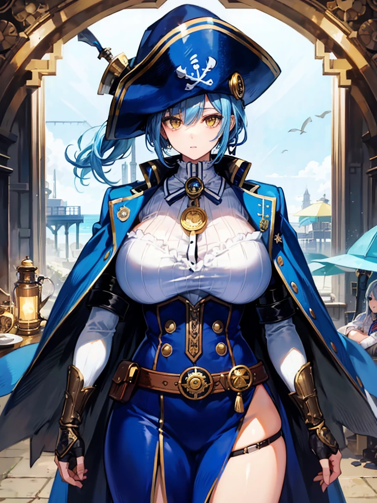 （（（masterpiece、Highest image quality、highest quality、highly detailed unity 8ｋwallpaper）））、（（Illustration of one girl、upper body））、（（（beautiful girl）））、（female pirate）、（Light light blue hair、short ponytail：1.2、yellow eyes）、（（（Right hand is a prosthetic hand、steampunk prosthetic arm）））、（（tall））、bulky figure, massive frame, thick neck, sturdy arms, powerful legs、（captain&#39;s suit、Pirate hat、Blue coat）、pier