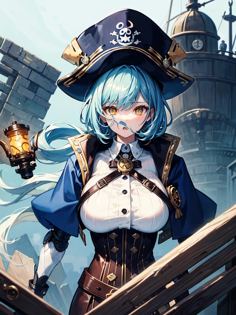 （（（masterpiece、Highest image quality、highest quality、highly detailed unity 8ｋwallpaper）））、（（Illustration of one girl、upper body））、（（（beautiful girl）））、（female pirate）、（Light light blue hair、short ponytail：1.2、yellow eyes）、（（（Right hand is a prosthetic hand、steampunk prosthetic arm）））、（（tall））、bulky figure, massive frame, thick neck, sturdy arms, powerful legs、（captain&#39;s suit、Pirate hat、Blue coat）、pier