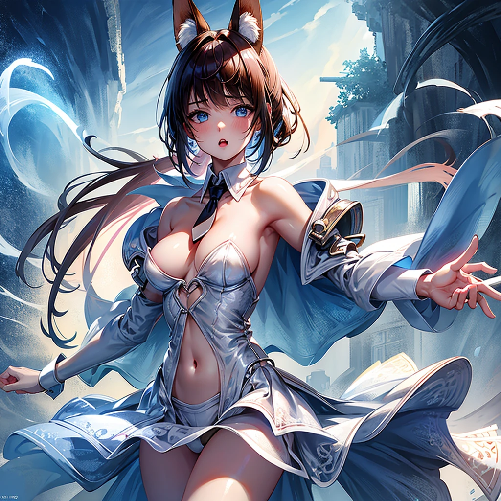 (masterpiece), (best quality), highly detailed,ultra-detailed,(extremely detailed CG unity 8k wallpaper),incredibly absurdres,(official art),colorful,(Line optimization),
Extremely exquisite female facial description, extremely delicate and beautiful eyes,
1girl, animal_ear_fluff, animal_ears, arm_up, armpits, ass_visible_through_thighs, bangs, bare_shoulders, blue_eyes, blush, breasts, brown_hair, cowboy_shot, detached_collar, eyebrows_visible_through_hair, fake_animal_ears, fox_ears, fox_girl, fox_tail, gloves, gradient, gradient_background, grey_background, hair_between_eyes, leotard, looking_at_viewer, navel, necktie, nipples, rabbit_ears, see-through, short_necktie, silver_hair, small_breasts, solo, tail, thigh_gap, white_gloves, wrist_cuffs
(perfect body), (seductive),
(fine and beautiful detailed skin), (shiny skin:1.0), (oil skin:1.0), (oil highlights:1.0),
sexually suggestive, female orgasm,