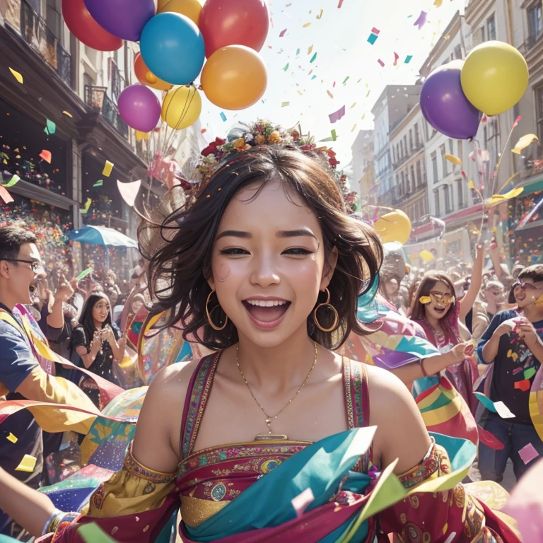 (best quality,4k,8k,highres,masterpiece:1.2),ultra-detailed,(realistic,photorealistic,photo-realistic:1.37),Colorful Confetti, vibrant celebration, joyful atmosphere, flying colorful papers, confetti explosion, bursting with colors, dynamic movement, lively and energetic, festive vibes, party scene, shower of rainbow confetti, bright and cheerful, playful ambiance, multi-colored ribbons, whimsical patterns, floating confetti circles, vibrant and diverse shapes, joyful expressions, excited smiles, happy and carefree, dynamic composition, vivid colors, shimmering metallic papers, kaleidoscope of hues, high contrast, vivid saturation, striking visuals, joyful anticipation, colorful bursts of energy, joyous crowd, lively music, energetic rhythms, pulsating beat, joyful indulgence, carefree festivities, immersive celebration, energetic and lively ambiance, cheerful moments, capturing the essence of joy and excitement, delightful surprises, cheerful and vibrant mood, lively atmosphere, cascading confetti rain, vibrant confetti trails, festive chaos.