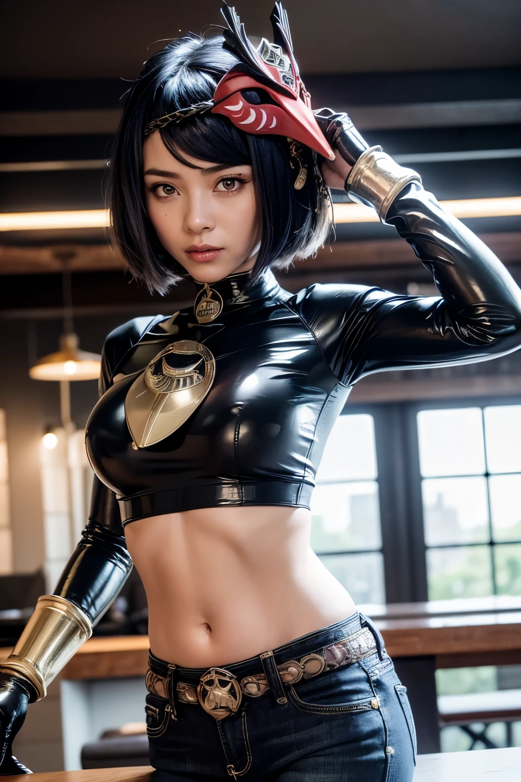 1girl, ((long sleeved latex top, gold trim, long dark blue jeans), (midriff, navel), iron belt, looking
at viewer, seductive smile, standing, cafe bar, (kujou sara:1.3), mask on head, blue hair, short hair, yellow eyes, (cinematic lighting, best quality, master
piece, anatomically correct, detailed textured skin, high details, best quality, highres, HD,
4K, 8k, super detail)