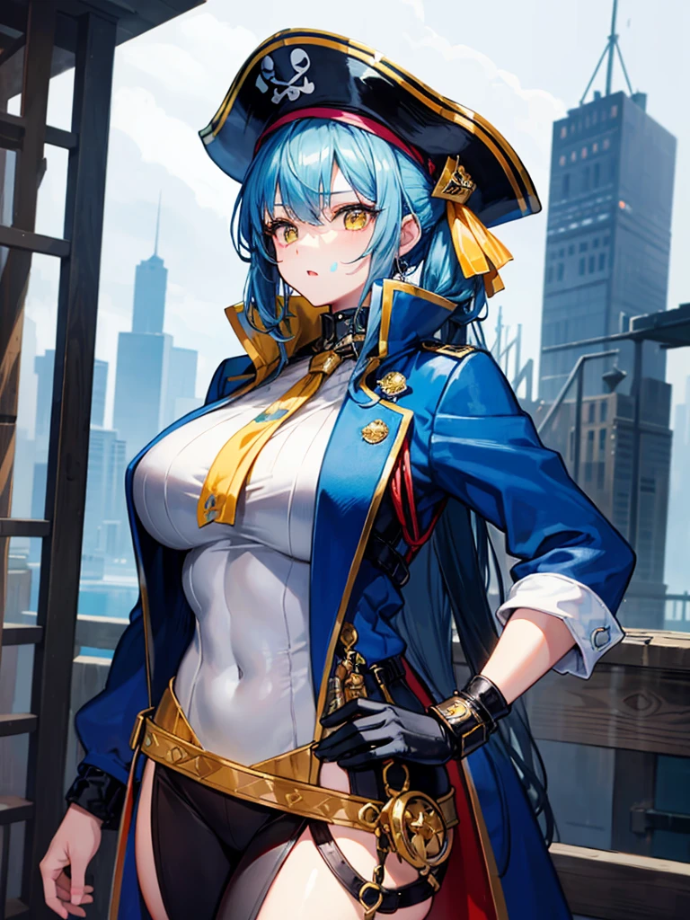 (((masterpiece、Highest image quality、highest quality、highly detailed unity 8kwallpaper)))、((Illustration of one girl、upper body))、(((beautiful girl)))、(female pirate)、(Light light blue hair、short ponytail:1.2、yellow eyes)、(((Right hand is a prosthetic hand、steampunk prosthetic arm)))、((tall))、bulky figure, massive frame, thick neck, sturdy arms, powerful legs、(captain's suit、Pirate hat、Blue coat)、pier