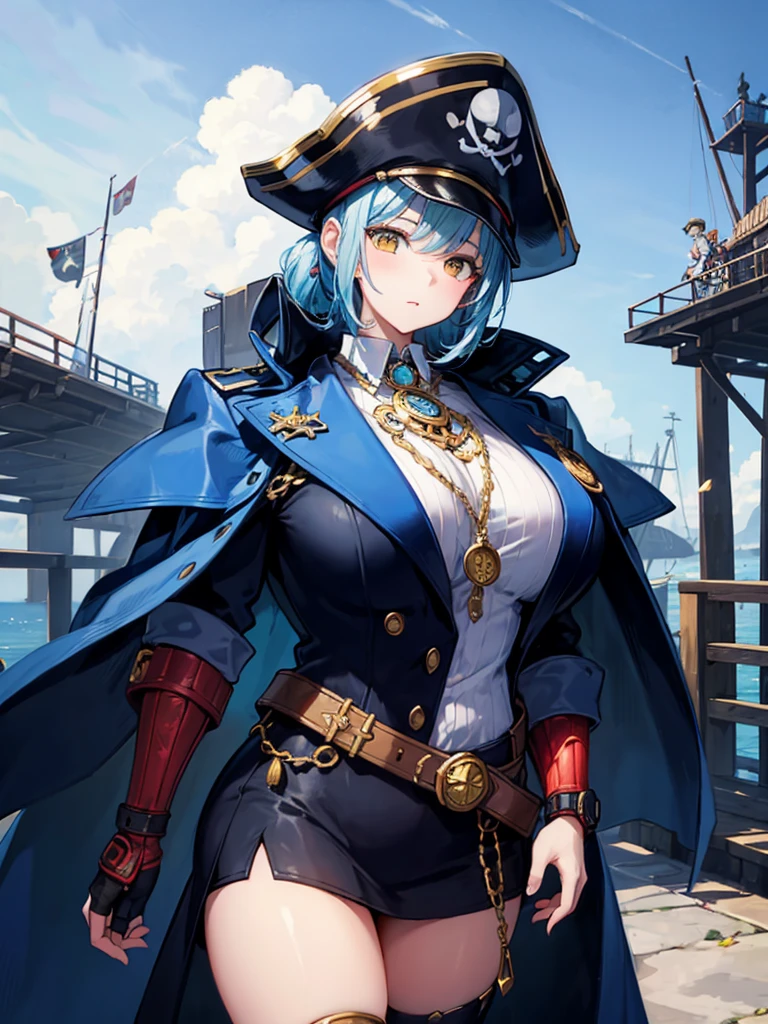 （（（masterpiece、Highest image quality、highest quality、highly detailed unity 8ｋwallpaper）））、（（Illustration of one girl、upper body））、（（（beautiful girl）））、（female pirate）、（Light light blue hair、short ponytail：1.2、yellow eyes）、（（（Right hand is a prosthetic hand、steampunk prosthetic arm）））、（（tall））、bulky figure, massive frame, thick neck, sturdy arms, powerful legs、（captain&#39;s suit、Pirate hat、Blue coat）、pier