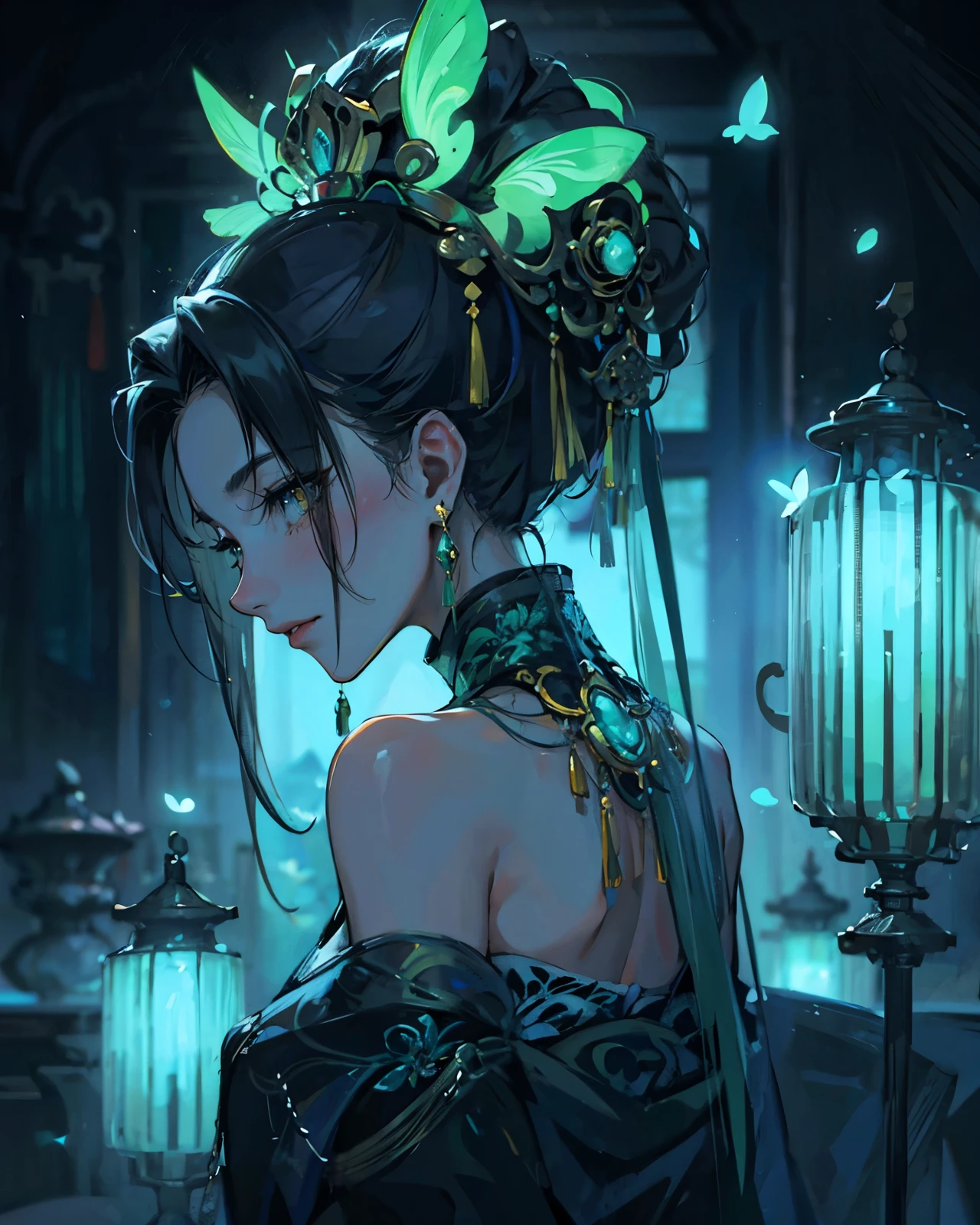 (masterpiece, best quality), solo, woman, elegant, evil, mysterious, dramatic, ((Chinese empress)), empress, black hair with bun, both eyes-closed, (long dramatic black and green colours qipao), hair accessories, (jade accessories), Chine lamps, shrine, Chinese temple in background, soft glow effect, vivid colors, neon, intricate details, portrait, (back view), Upper-body, scenery