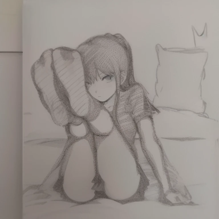 anime girl is sitting on bed, an anime art, bored expression, sitting on a bed, anime pose, legs up in air 