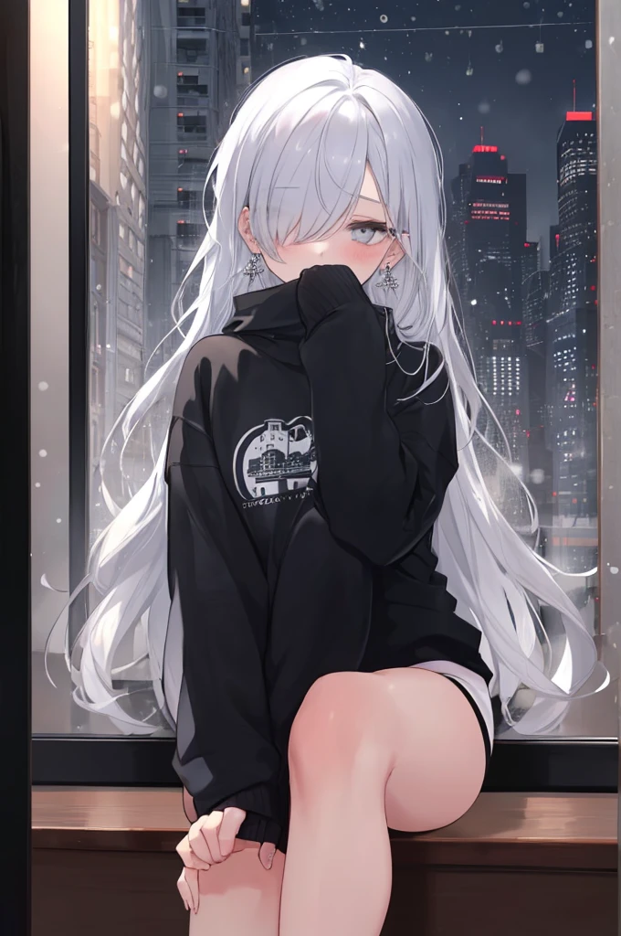 ((masterpiece:1.4, best quality:1.2)), 1girl, solo focus, beautiful skin, blush, black sweatshirt, long white hair, grey eyes, sitting, earrings, Hands piercing, coffee shop window, night, snowing, cityscape, tall female, beautiful and delicate female, comfy ambience, {detailed background}, I'm not wearing panties, hair over one eye, shy, Not wearing underwear, sexy, naked, Your genitals are visible, spread your leg