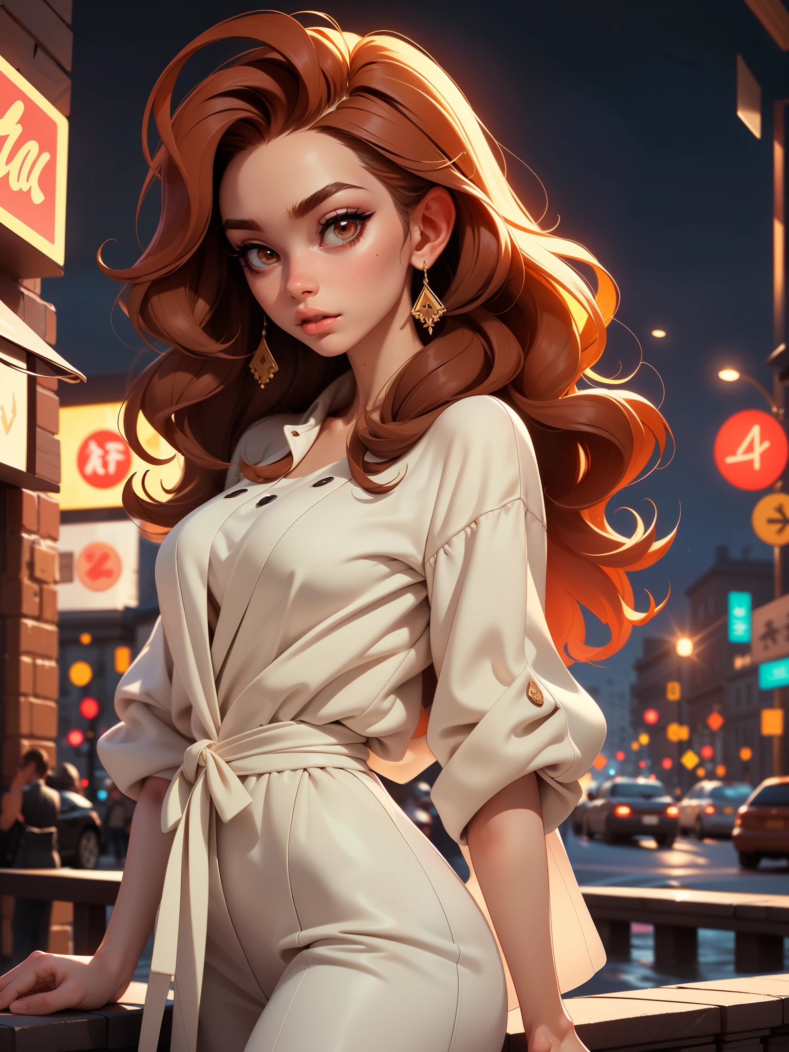 (masterpiece:1.2), (best quality:1.2), night, (looking at viewer), bright skin, outdoors, fringe, long hair, (wavy hair), soft lips, glossy lips, highly detailed, (semi-realistic:1.2), red hair