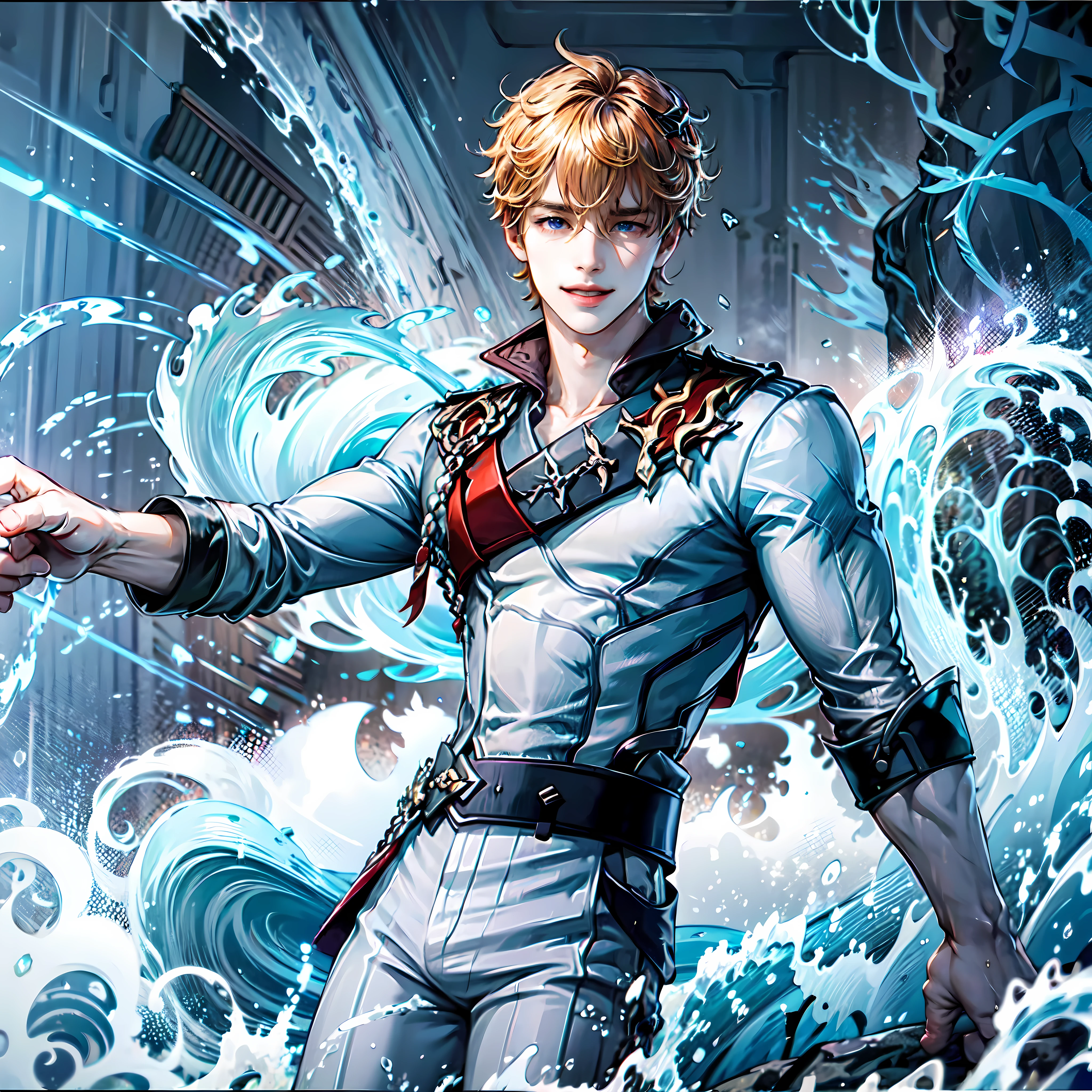 Confident Smile, fluid force, tidal wave, Fierce battles, stormy sea, Water splashes, dynamic pose, dramatic lighting, seashells, Sparkling water droplets, art nouveau style, vivid colors, heavenly atmosphere, Flowing movement, choker, Tartaglia,1st son,alone,male focus,Orange hair,hair between eyes,blue eyes, topless, Black bands, Grey trousers